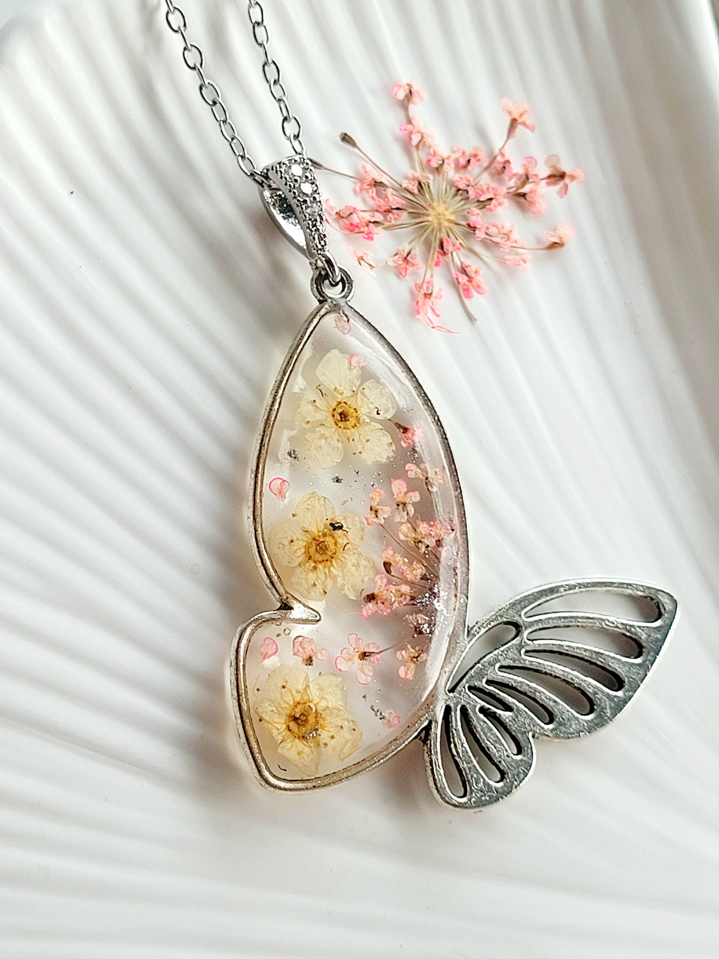 Botanical, handcrafted white and pink butterfly necklac with genuine flowers. Unique gift
