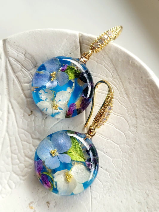 Botanical, handcrafted earrings with real hydrangea flowers. Unique Gift.