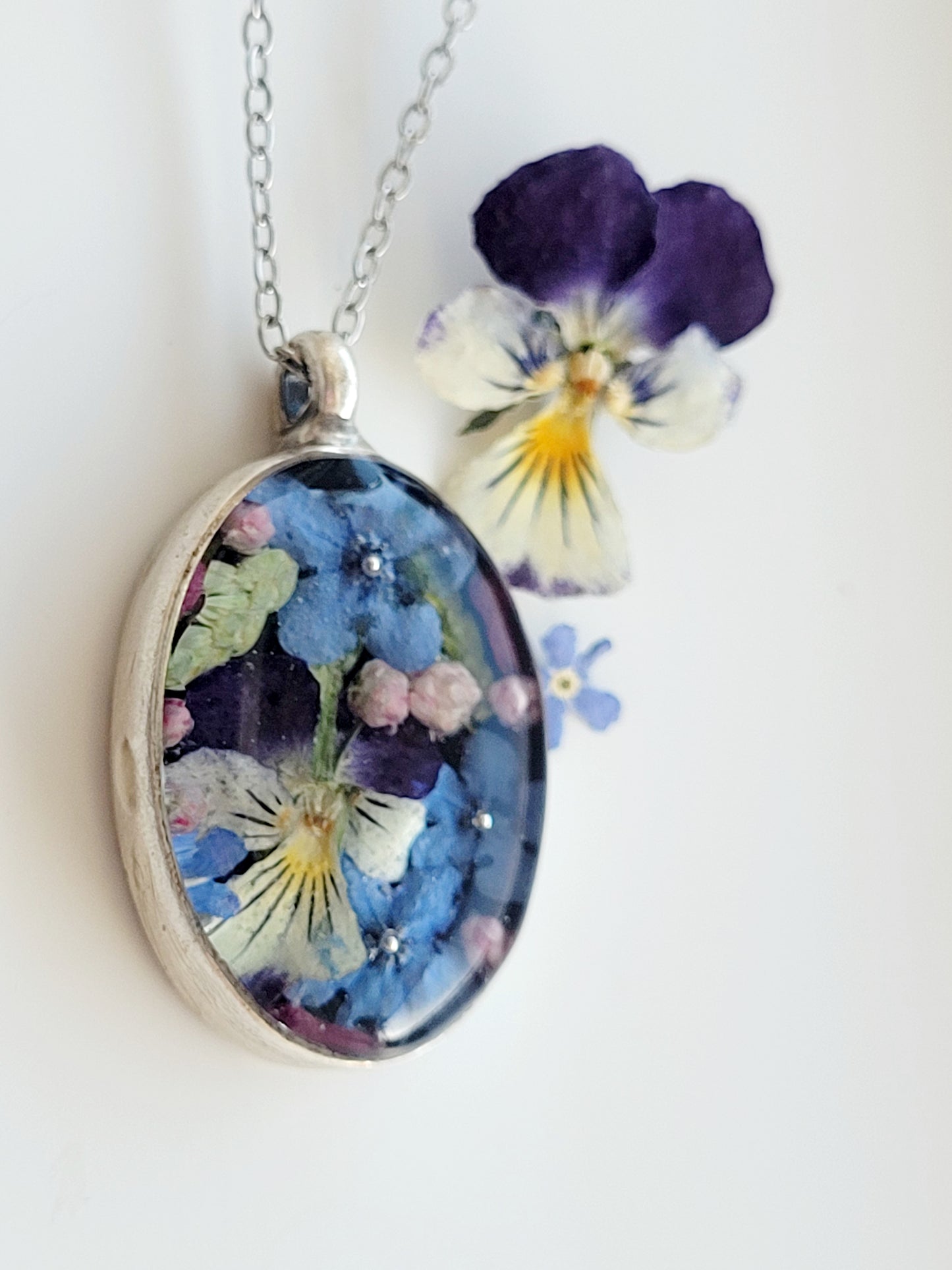 Genuine pansy and forget me not necklace 