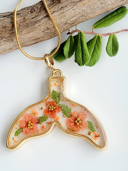 Botanical handcrafted whale tail necklace with genuine flowers