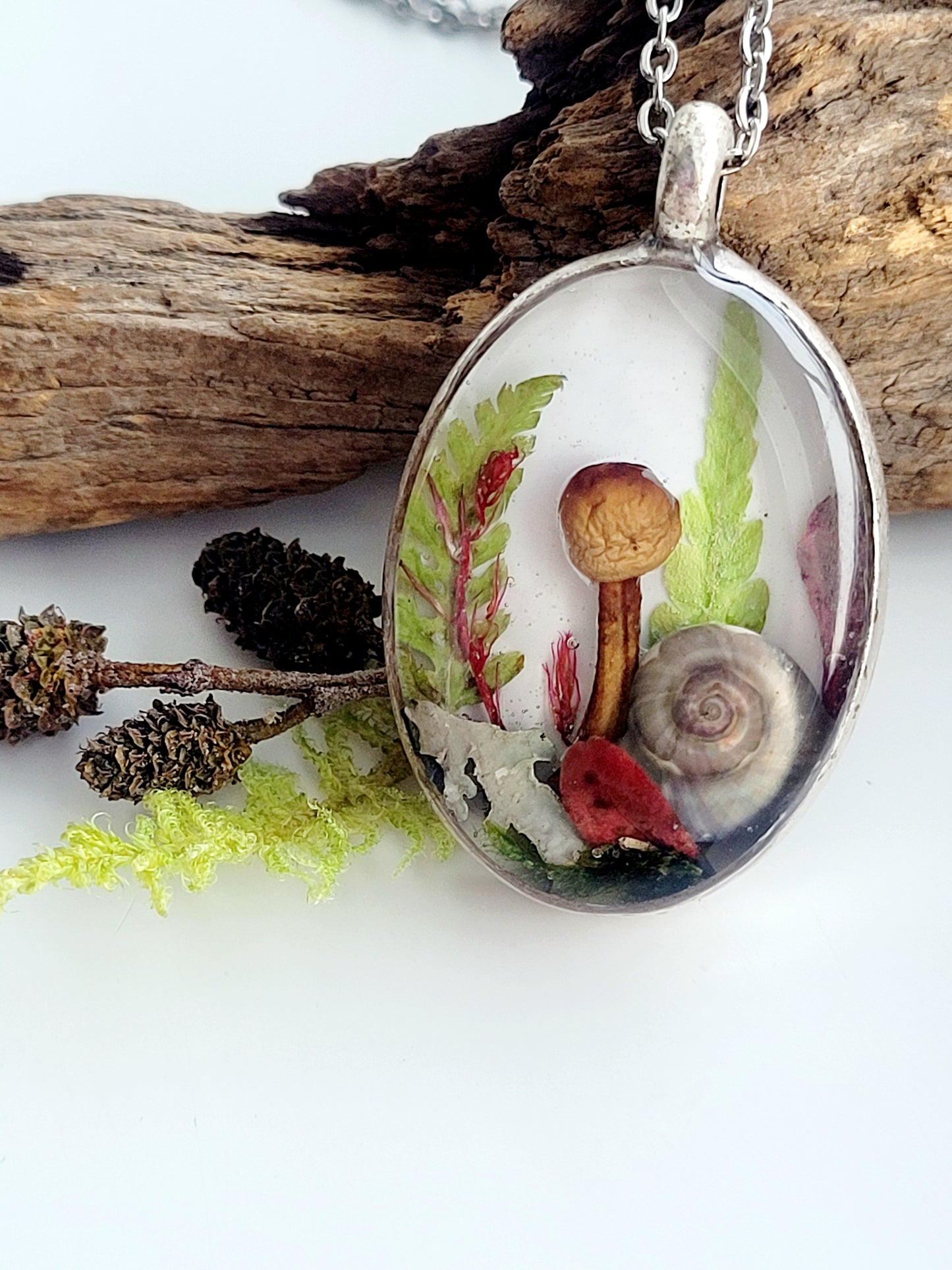 Botanical handcrafted mushroom necklace.