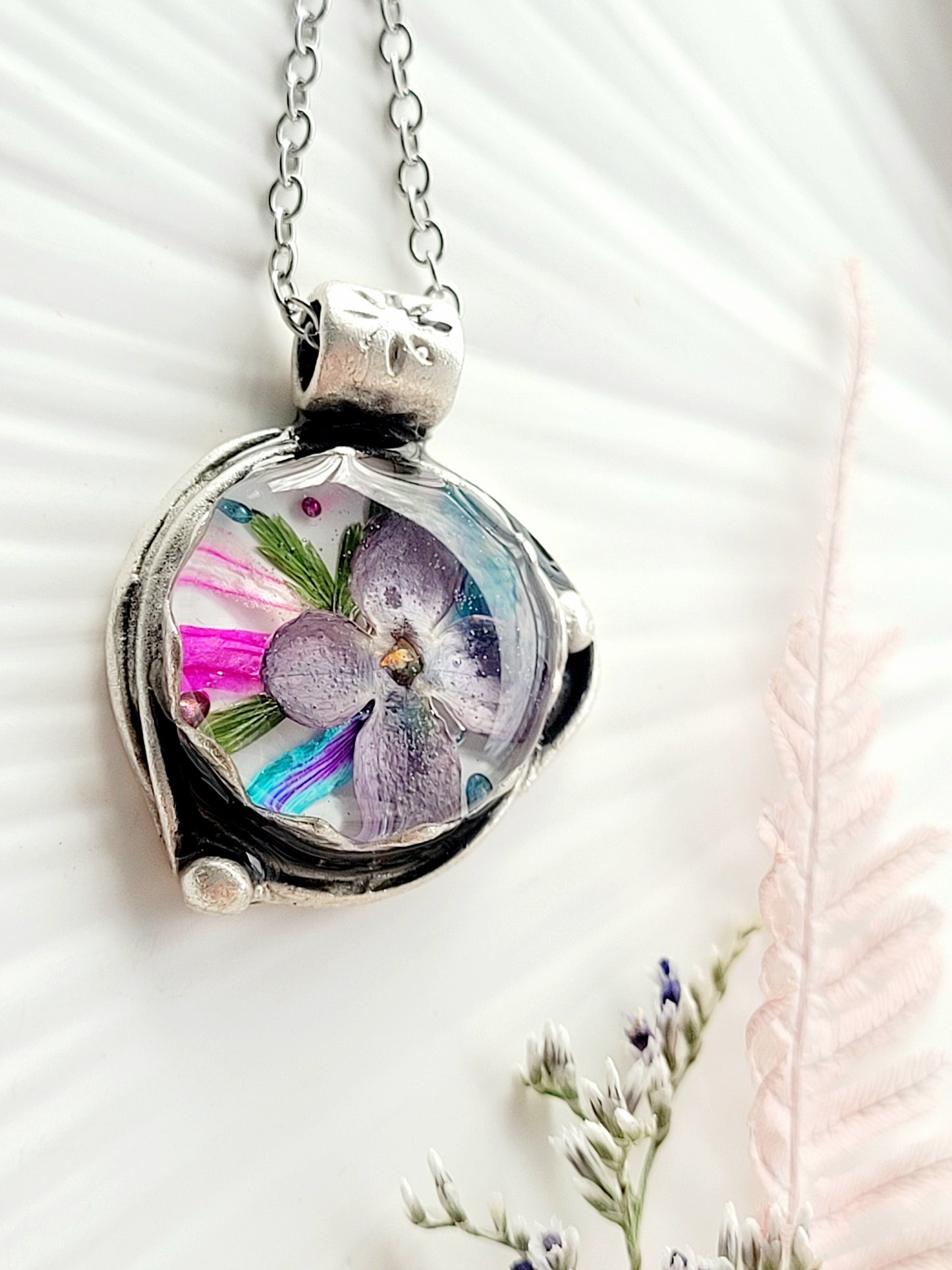 Blooming lilac. Botanical necklace with real flowers