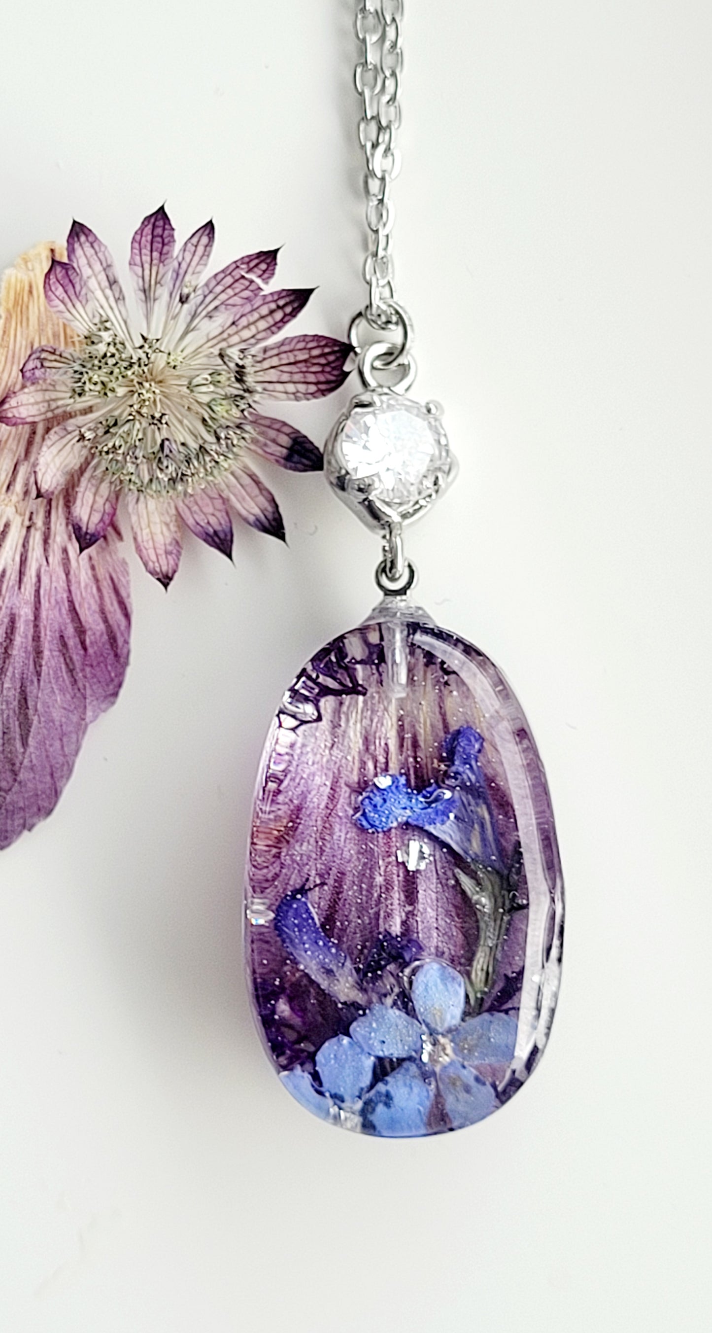 Handcrafted astroemeria necklace with real astroemeria petal and foget me not flowers. One-of-a-kind necklace and special gift