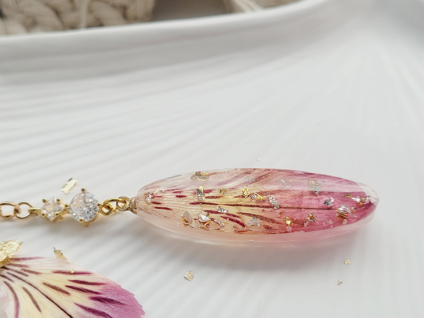 Handcrafted alstroemeria necklace with real alstroemeria petal. One-of-a-kind necklace and special gift
