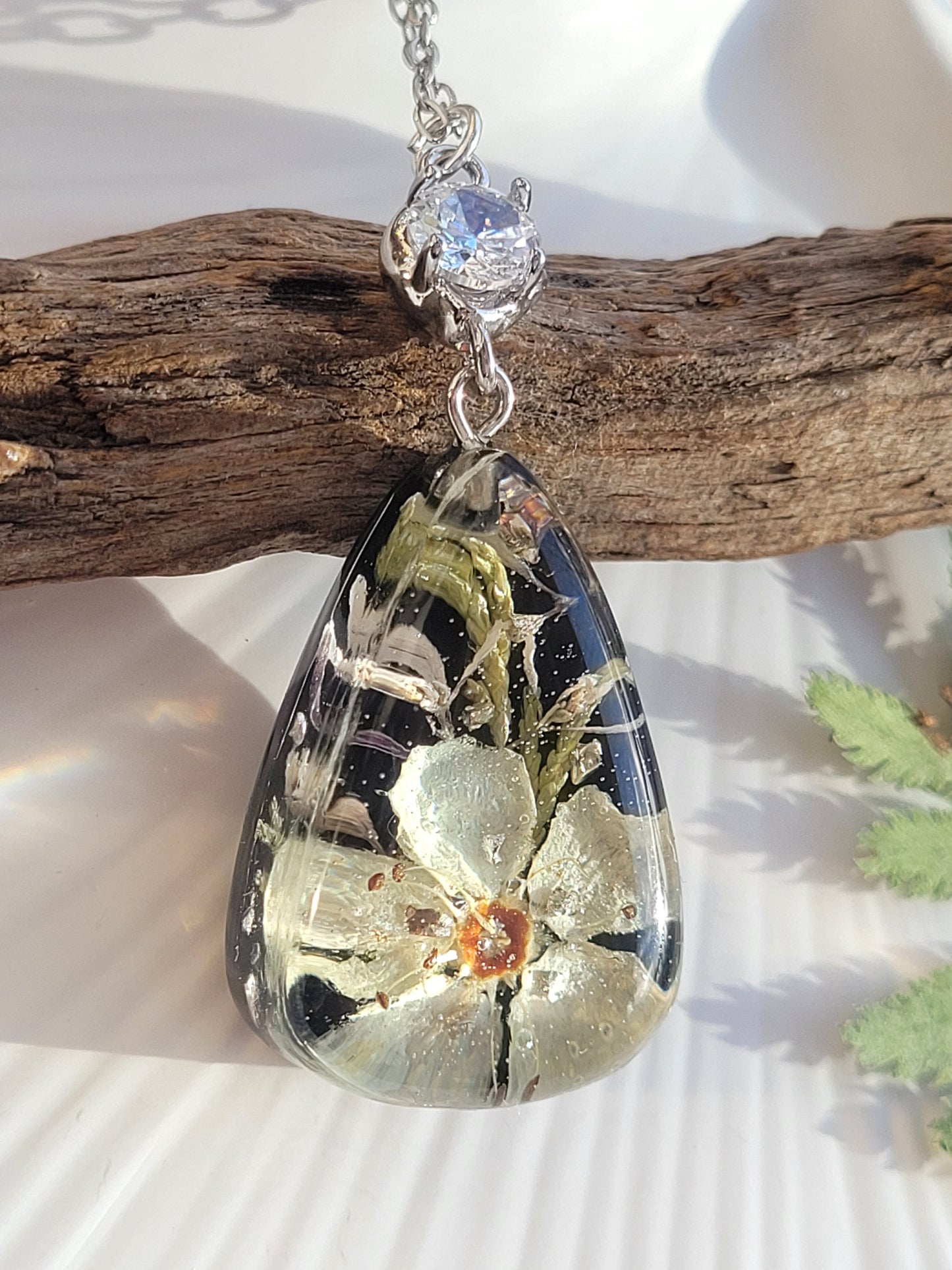 Floral botanical handcrafted tear drop necklace with genuine crabapple flower