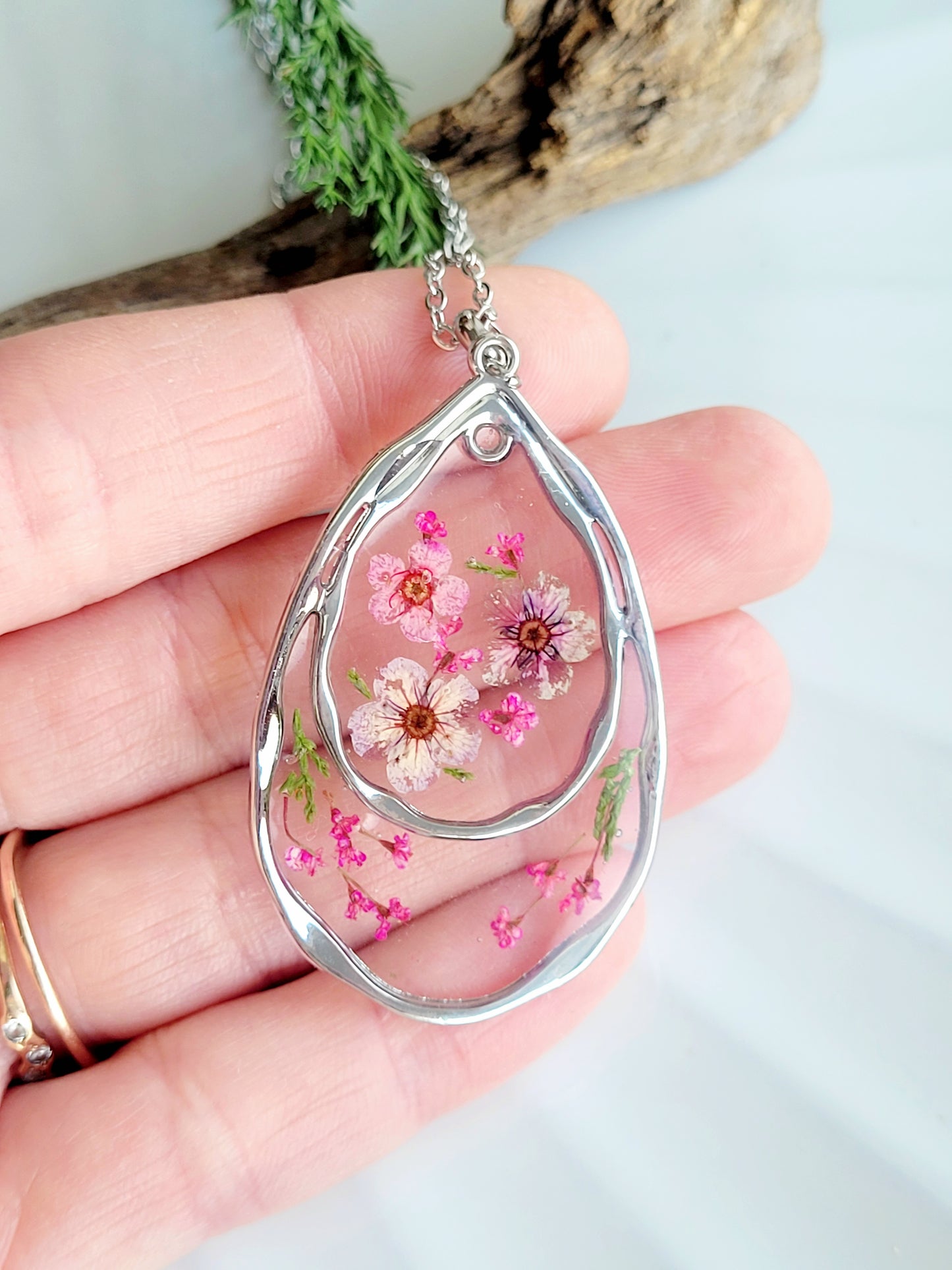 Botanical teardrop necklace with real pressed wildflowers