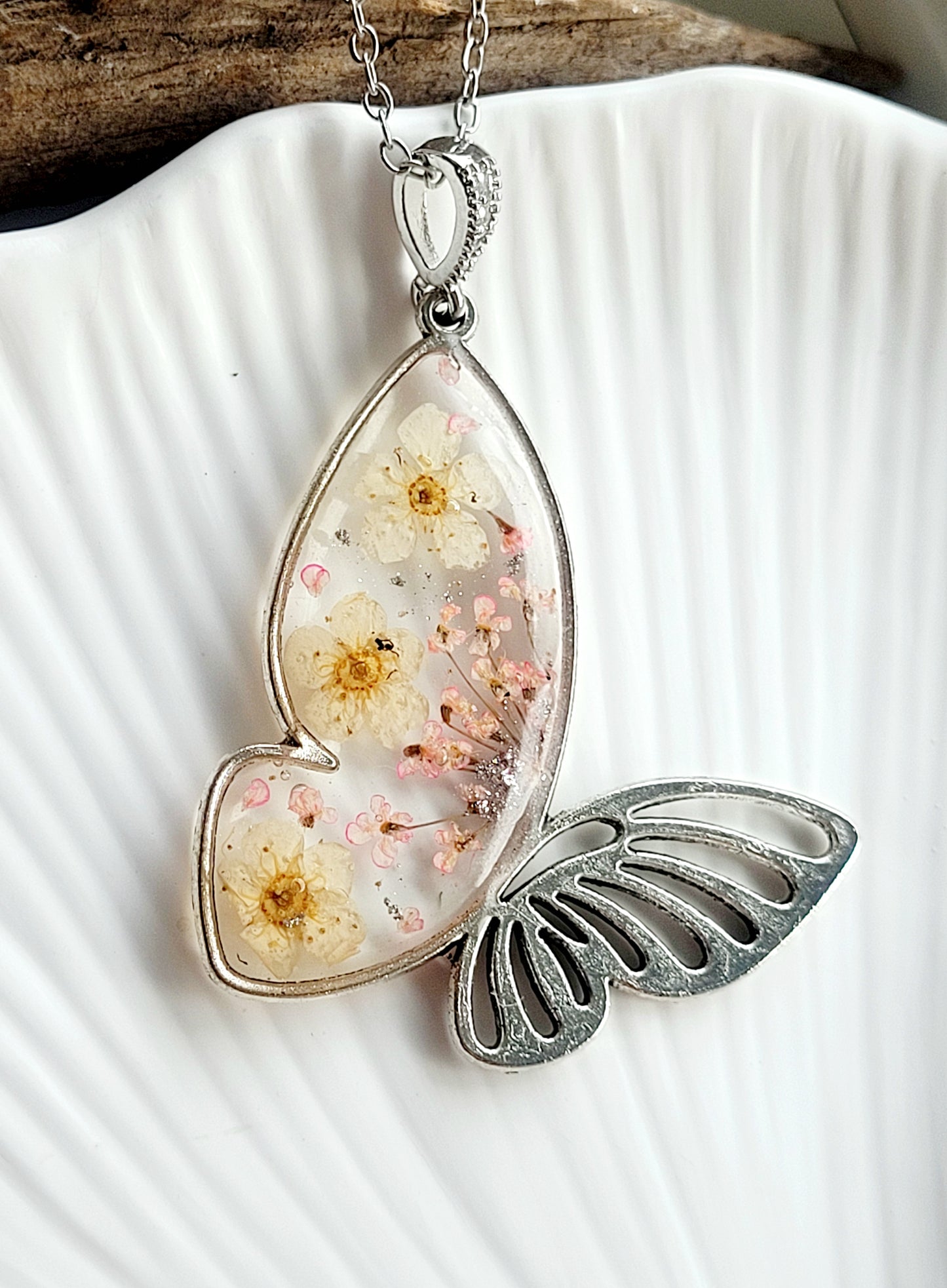 Botanical, handcrafted white and pink butterfly necklac with genuine flowers. Unique gift