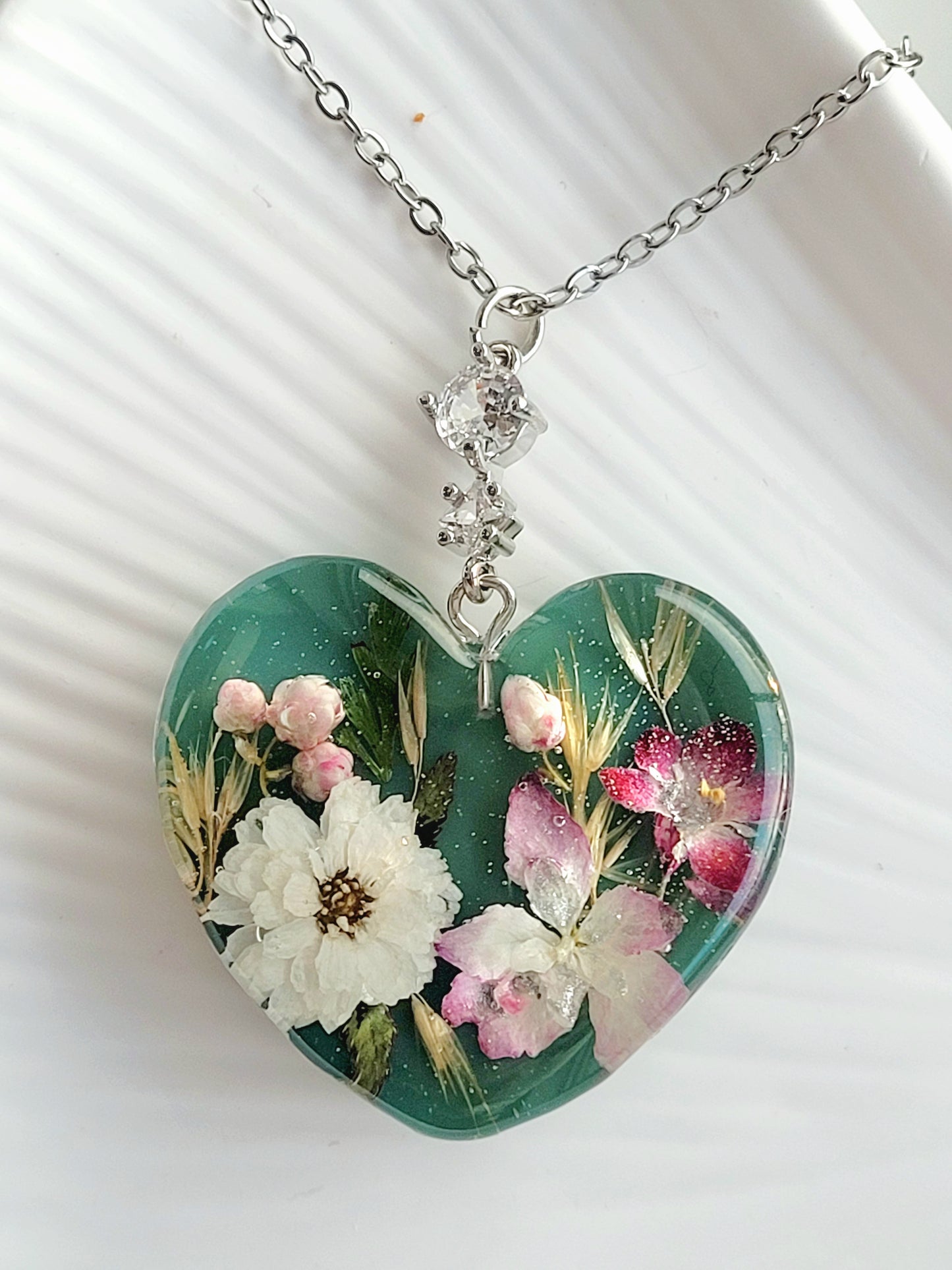 Floral botanical handcrafted heart necklace with genuine hydrangea and white pearl flower