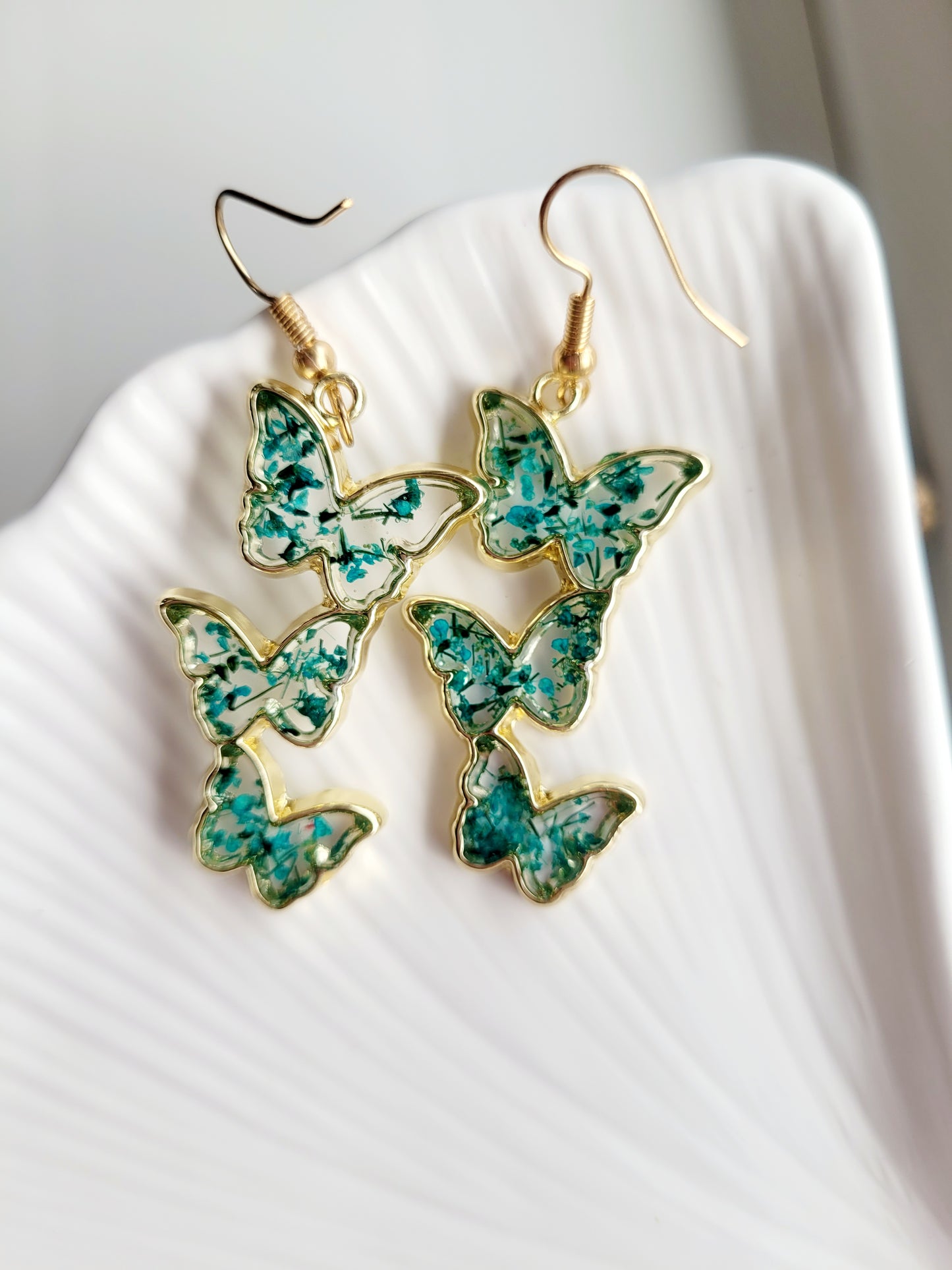 Floral handcrafted butterfly earrings with wildflowers. Unique Gift. Unique Canadian jewelry