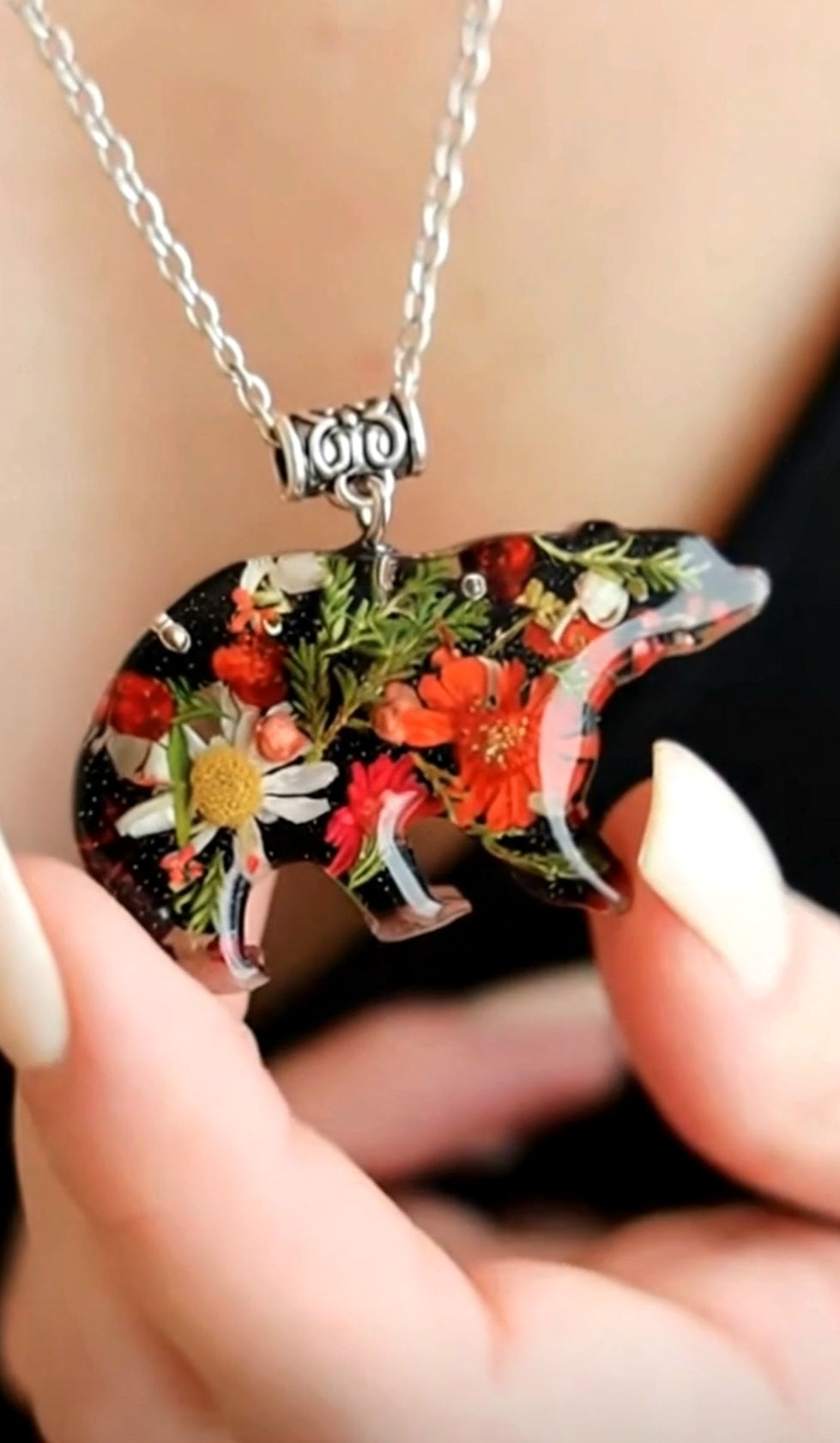 Handcrafted Forest Bear necklace with real flowers