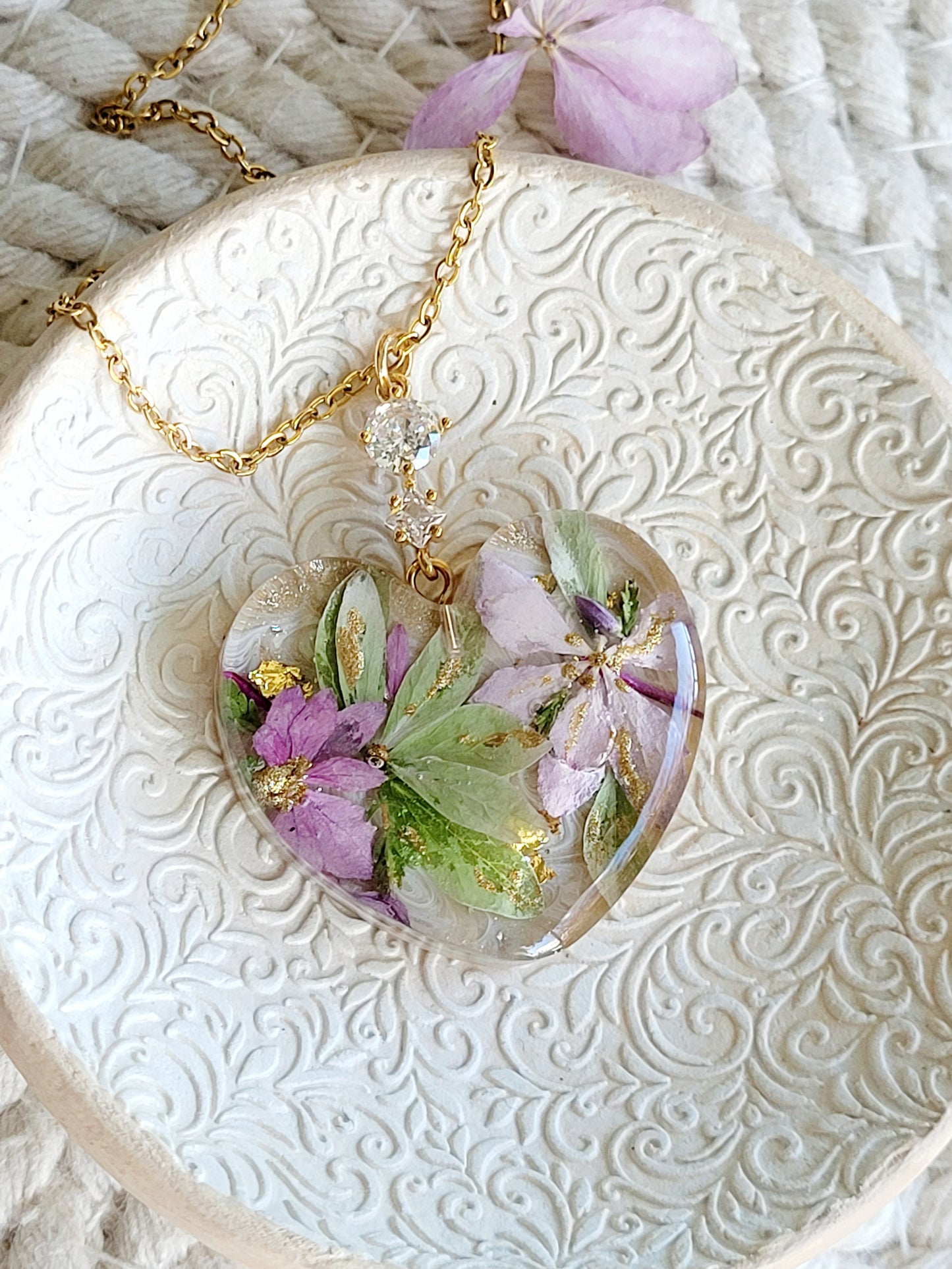 Floral botanical handcrafted heart necklace with genuine green and pink hydrangea