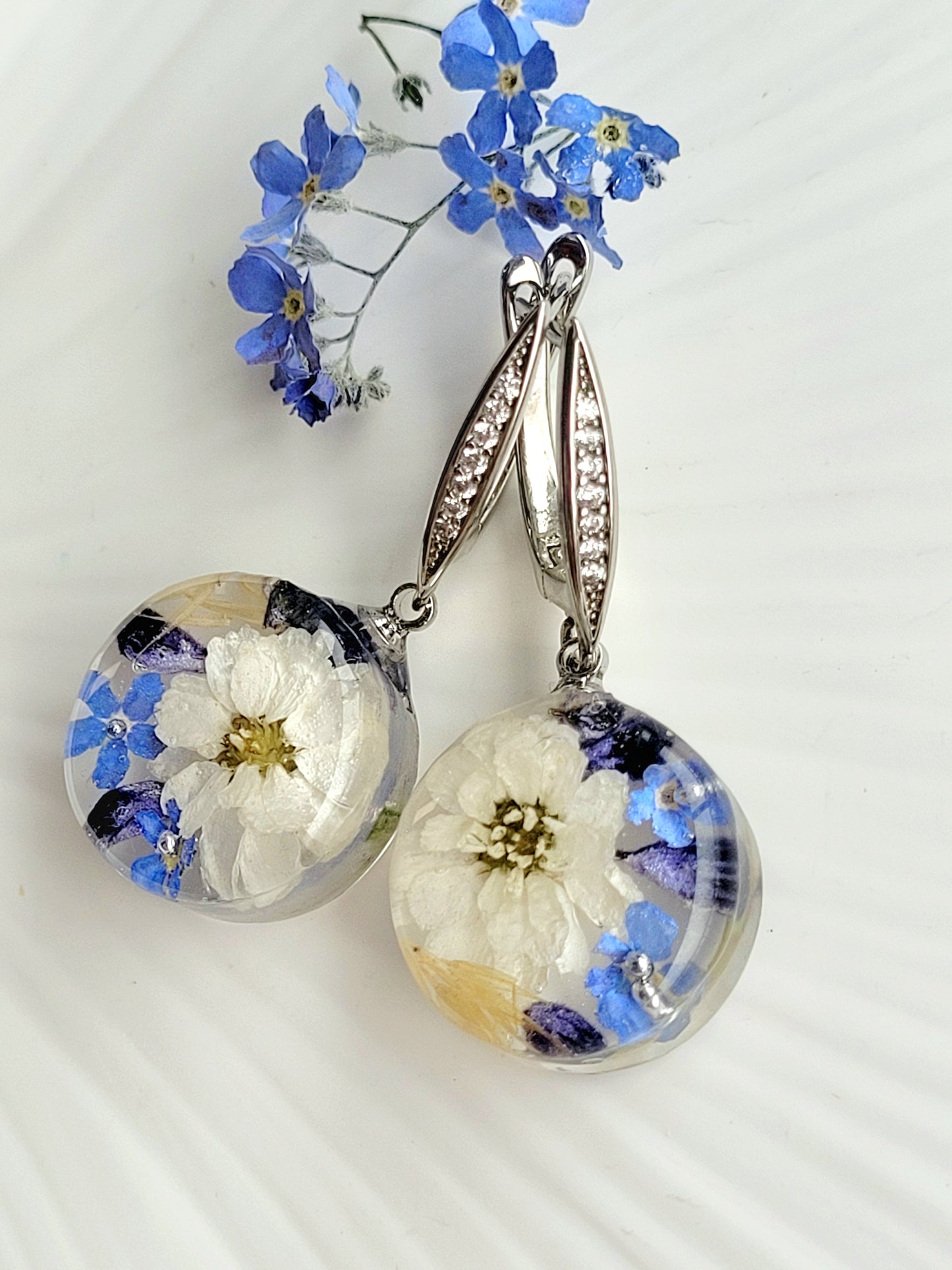 Foget me not and white pearl flower earrings