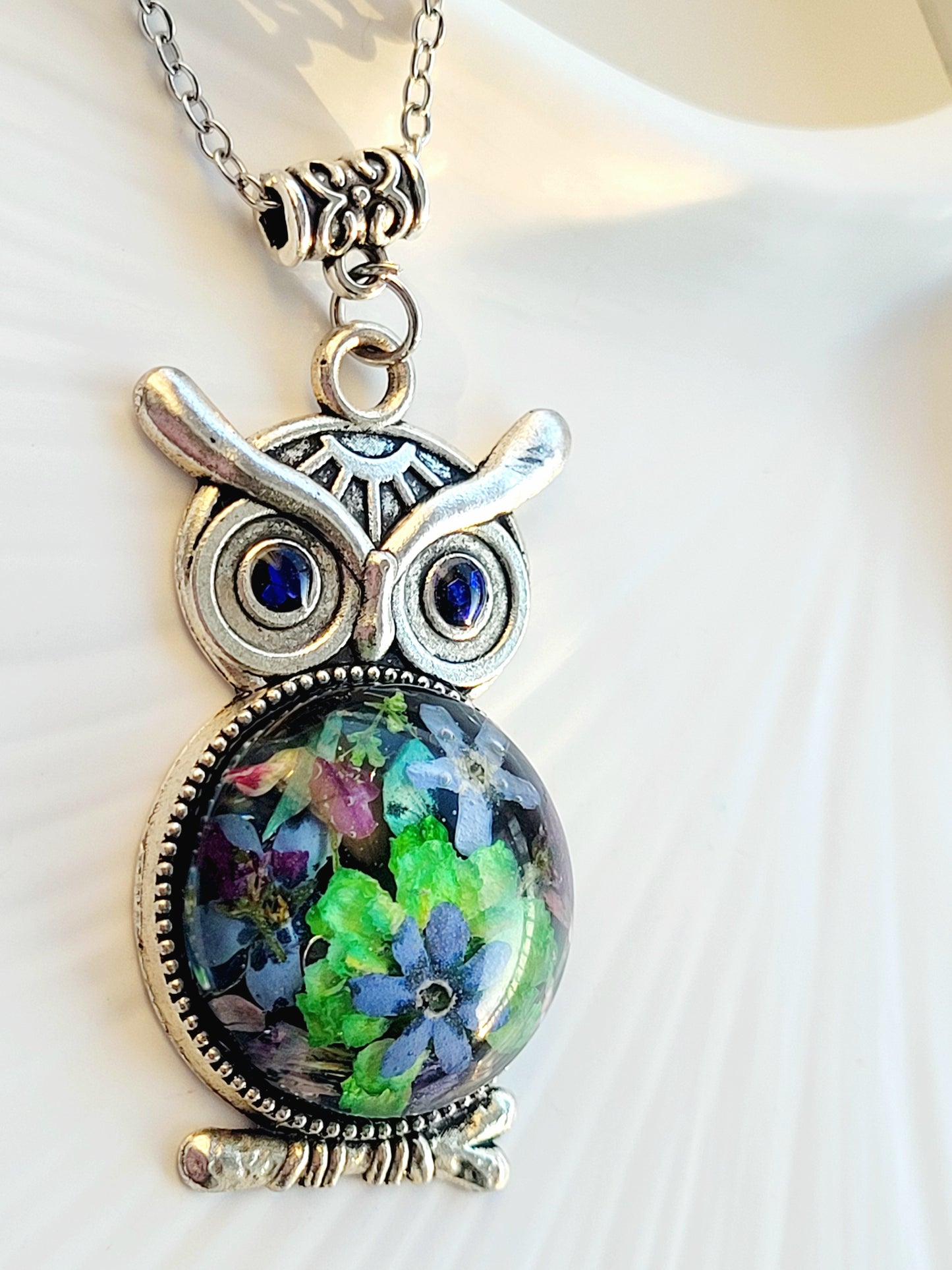 Handmade owl necklace with real foget me not and wildflowers Unique real flower jewelry.