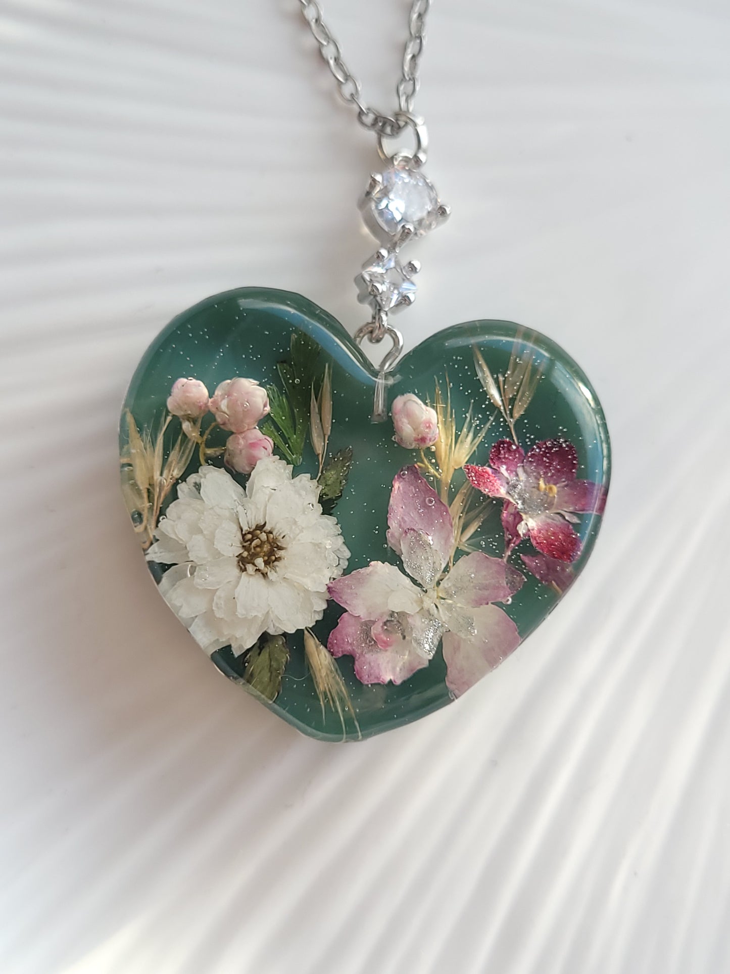 Floral botanical handcrafted heart necklace with genuine hydrangea and white pearl flower