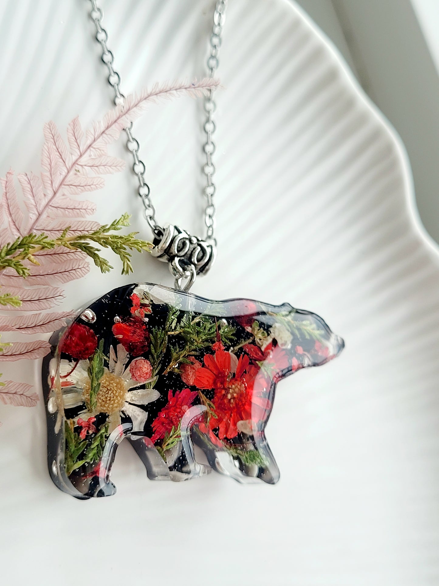 Handcrafted Forest Bear necklace with real flowers