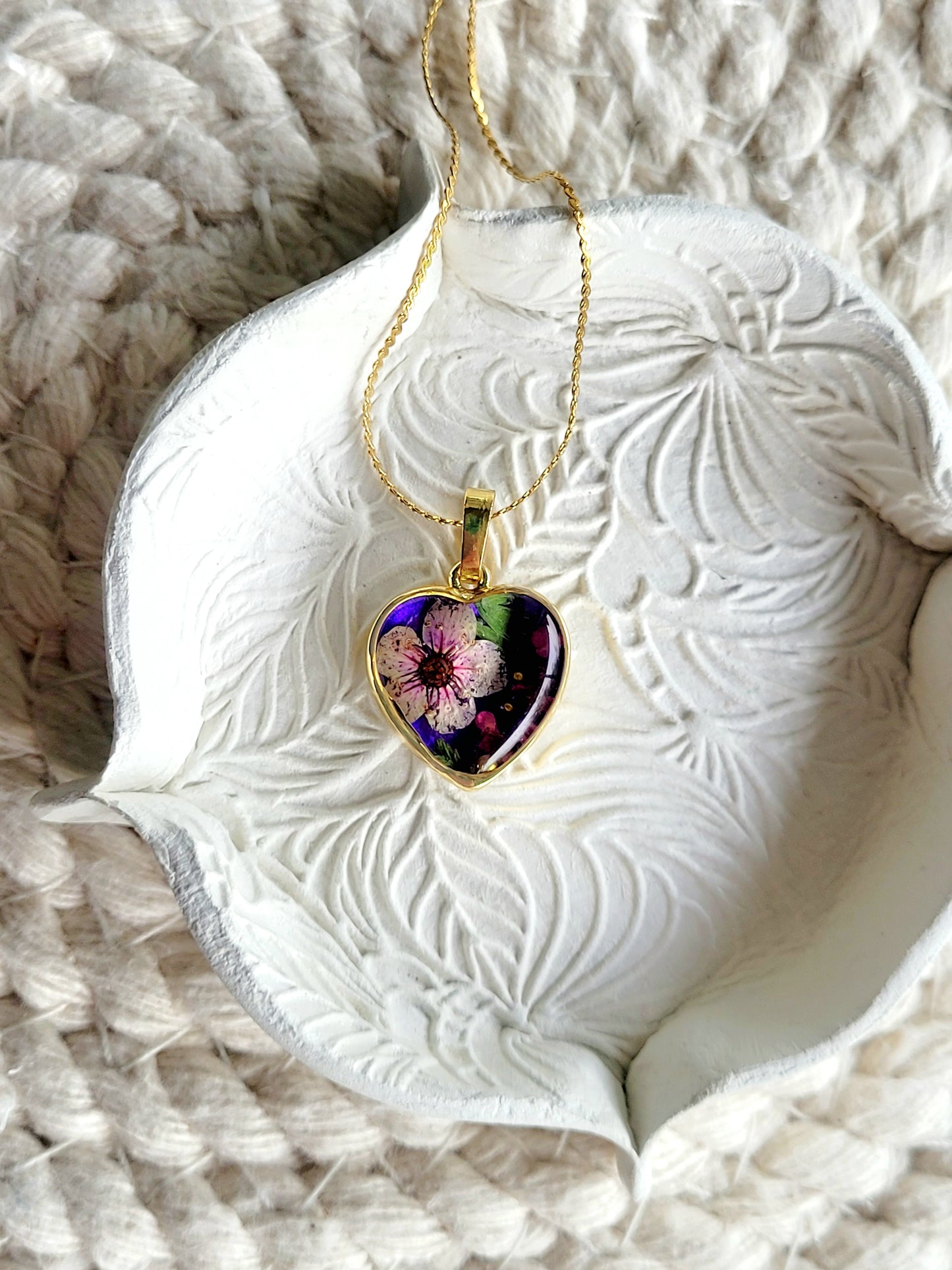 Purple wildflower heart necklace with genuine flowers