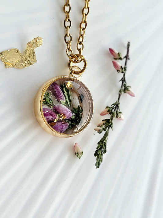 Delicate real heather flower Necklace – Minimalist jewelry.