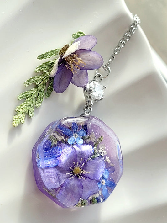 Handcrafted necklace with real flowers foget me not and hepatica
