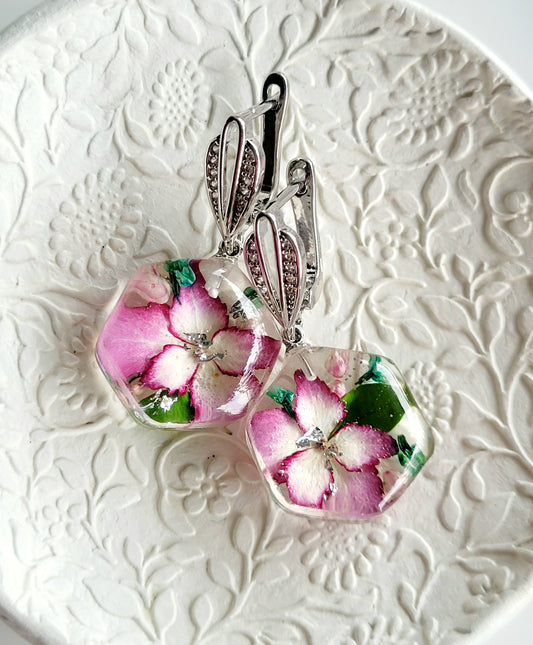 Botanical, handcrafted earrings with real hydrangea flowers. Unique Gift.