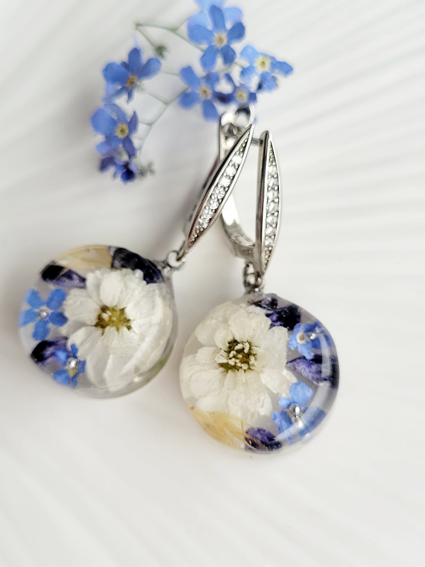 Foget me not and white pearl flower earrings