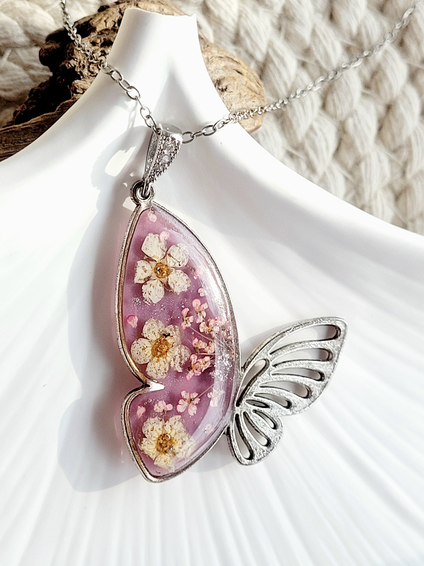 Botanical, handcrafted white and pink butterfly necklac with genuine flowers. Unique gift