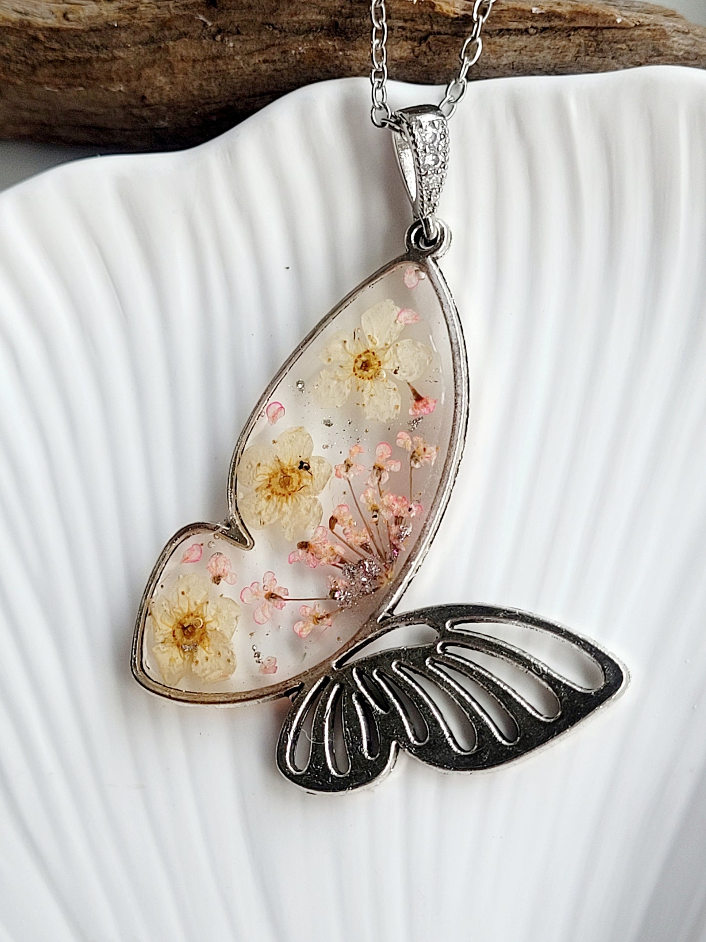 Botanical, handcrafted white and pink butterfly necklac with genuine flowers. Unique gift