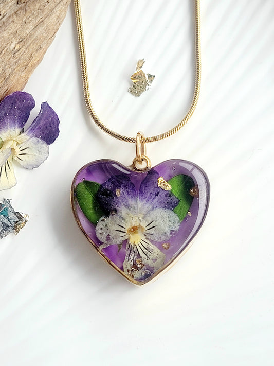 Pansy flower heart necklace