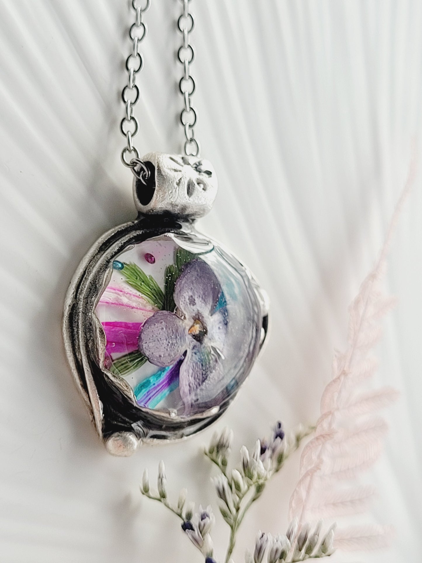 Blooming lilac. Botanical necklace with real flowers