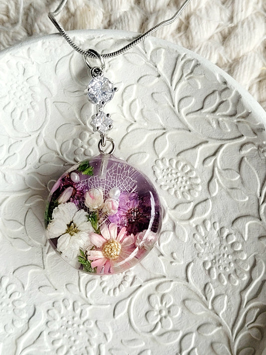 Blooming Meadow Pendant. Botanical necklace with real flowers