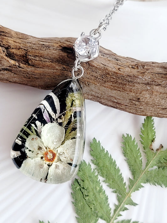 Floral botanical handcrafted tear drop necklace with genuine crabapple flower