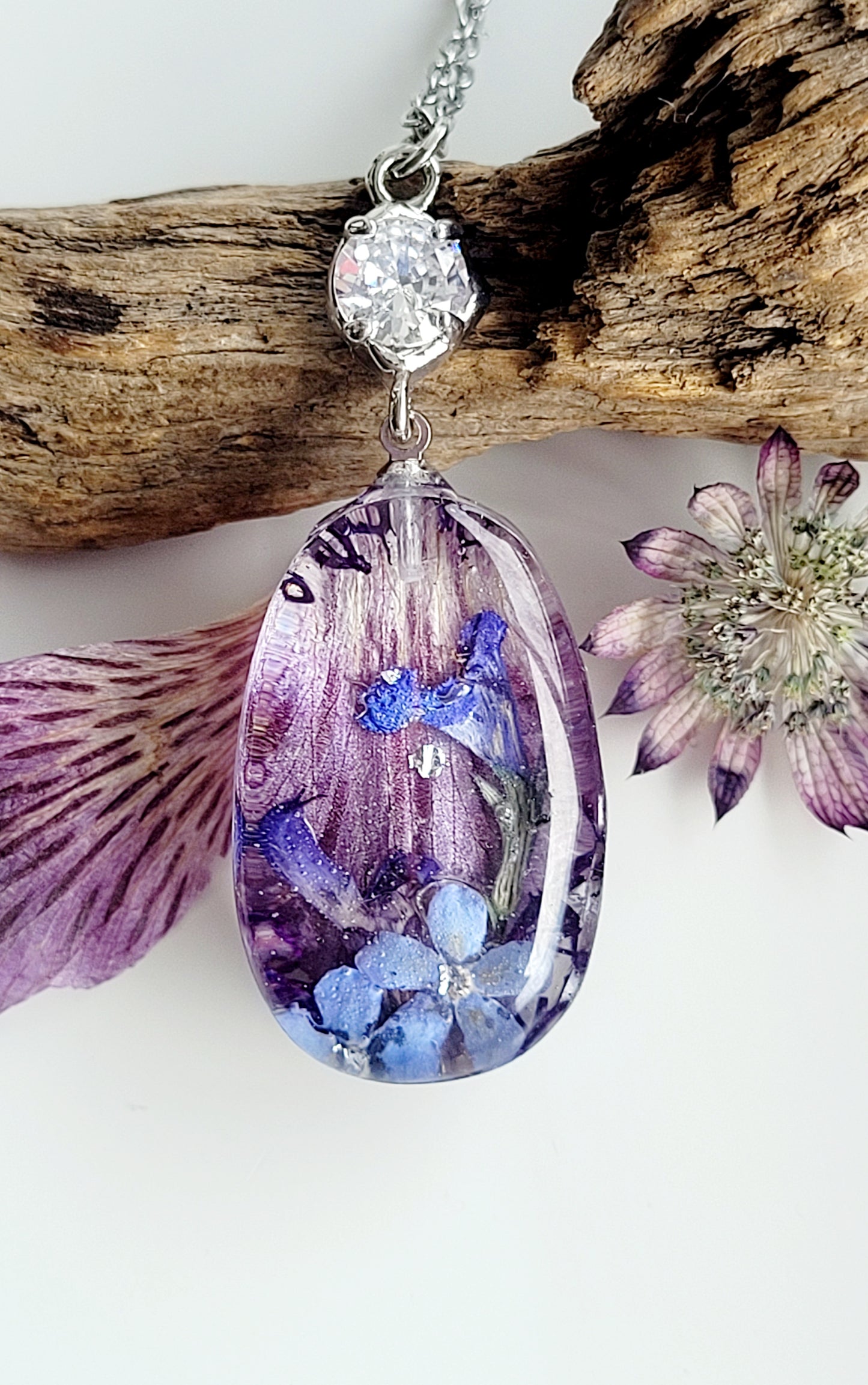 Handcrafted astroemeria necklace with real astroemeria petal and foget me not flowers. One-of-a-kind necklace and special gift