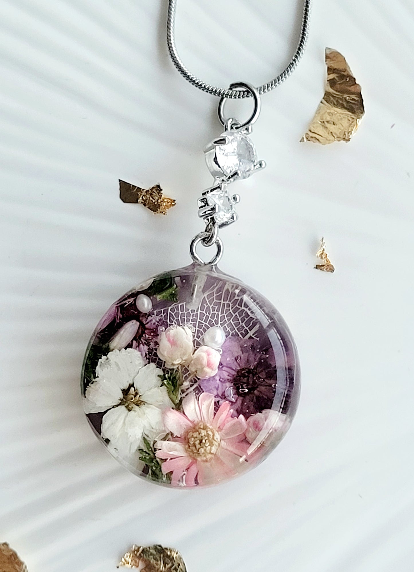 Blooming Meadow Pendant. Botanical necklace with real flowers
