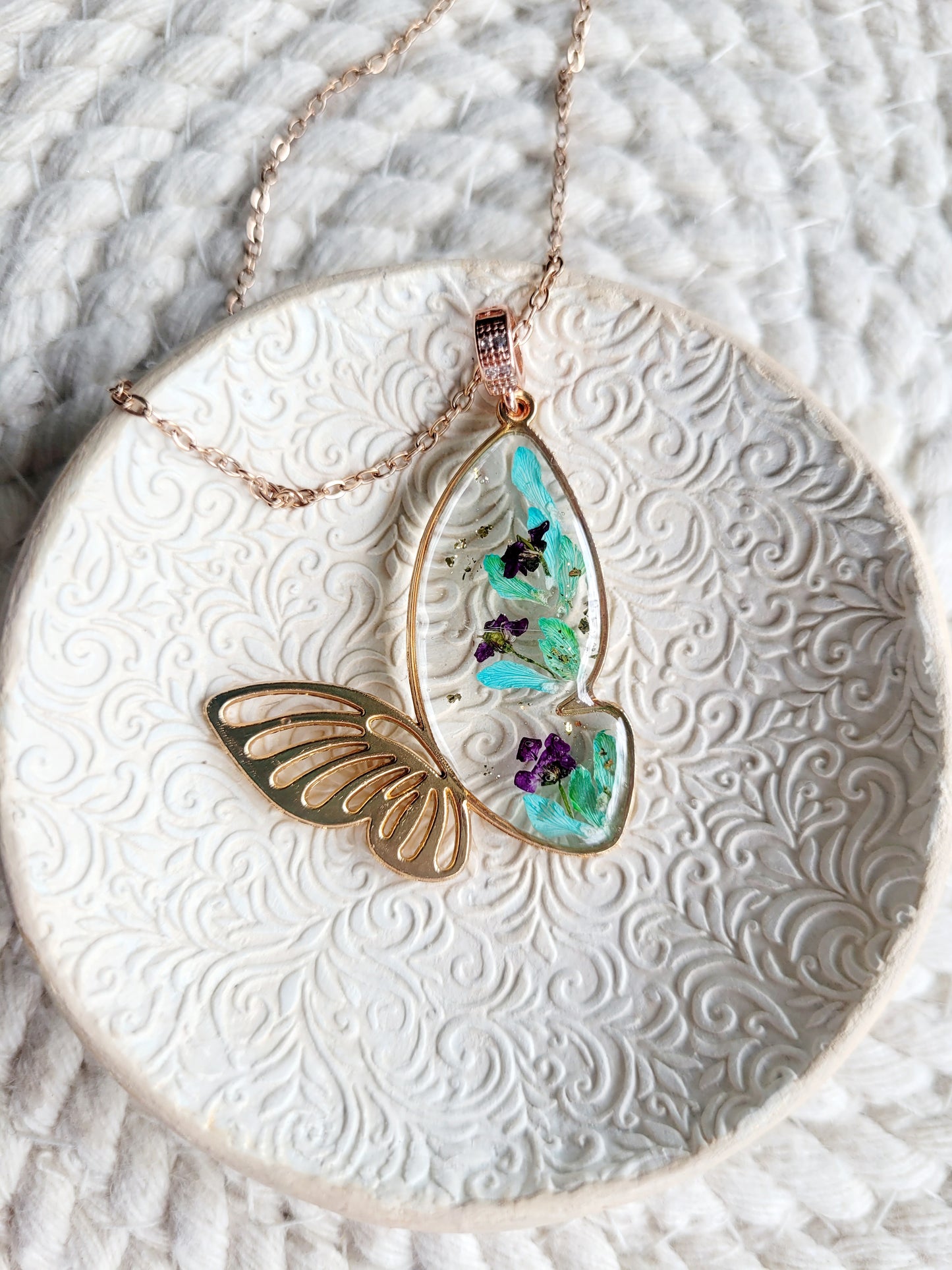 Botanical, handcrafted butterfly necklace with genuine teal genista flowers. Unique gift
