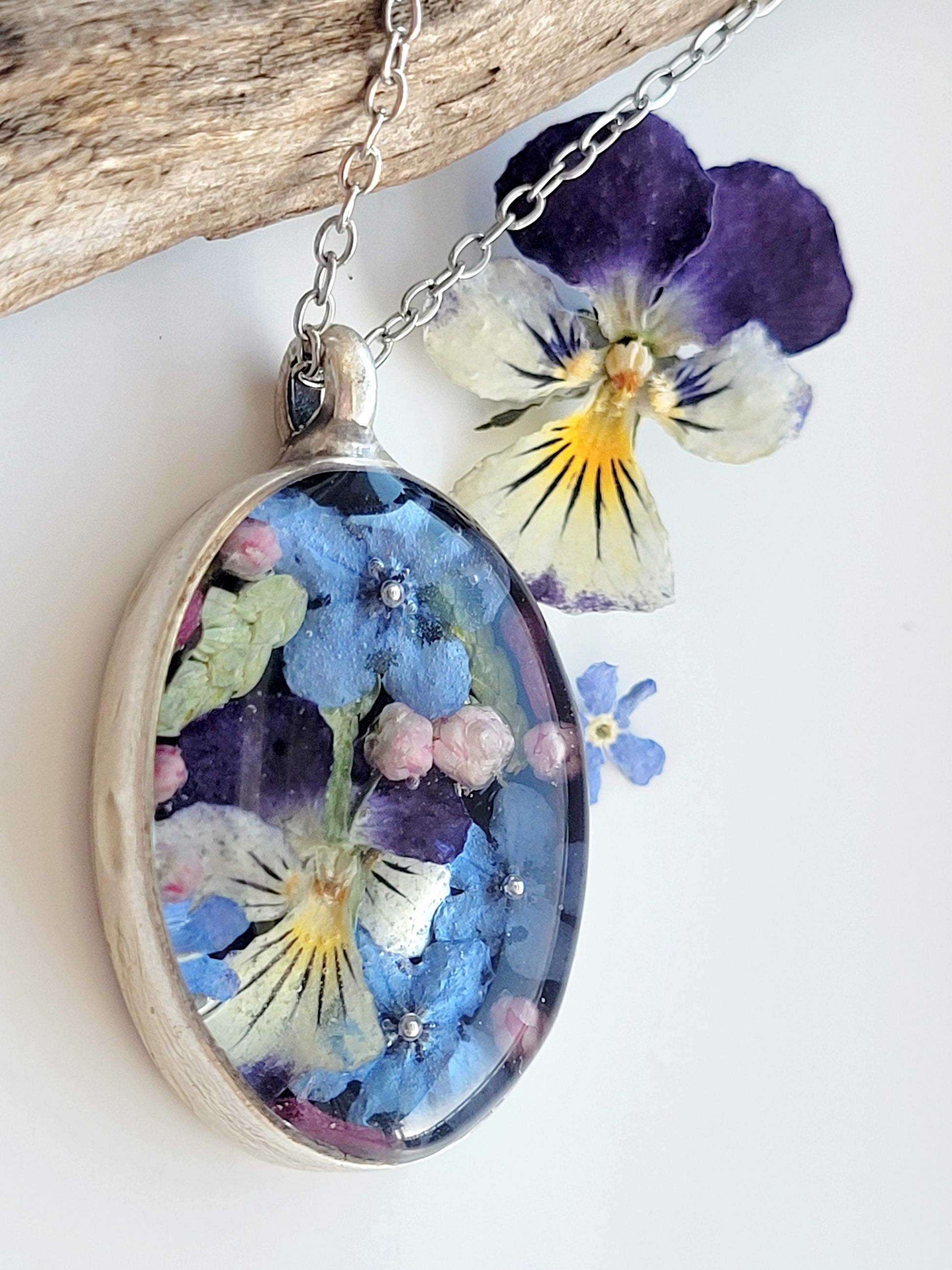 Genuine pansy and forget me not necklace. Real flower necklace 