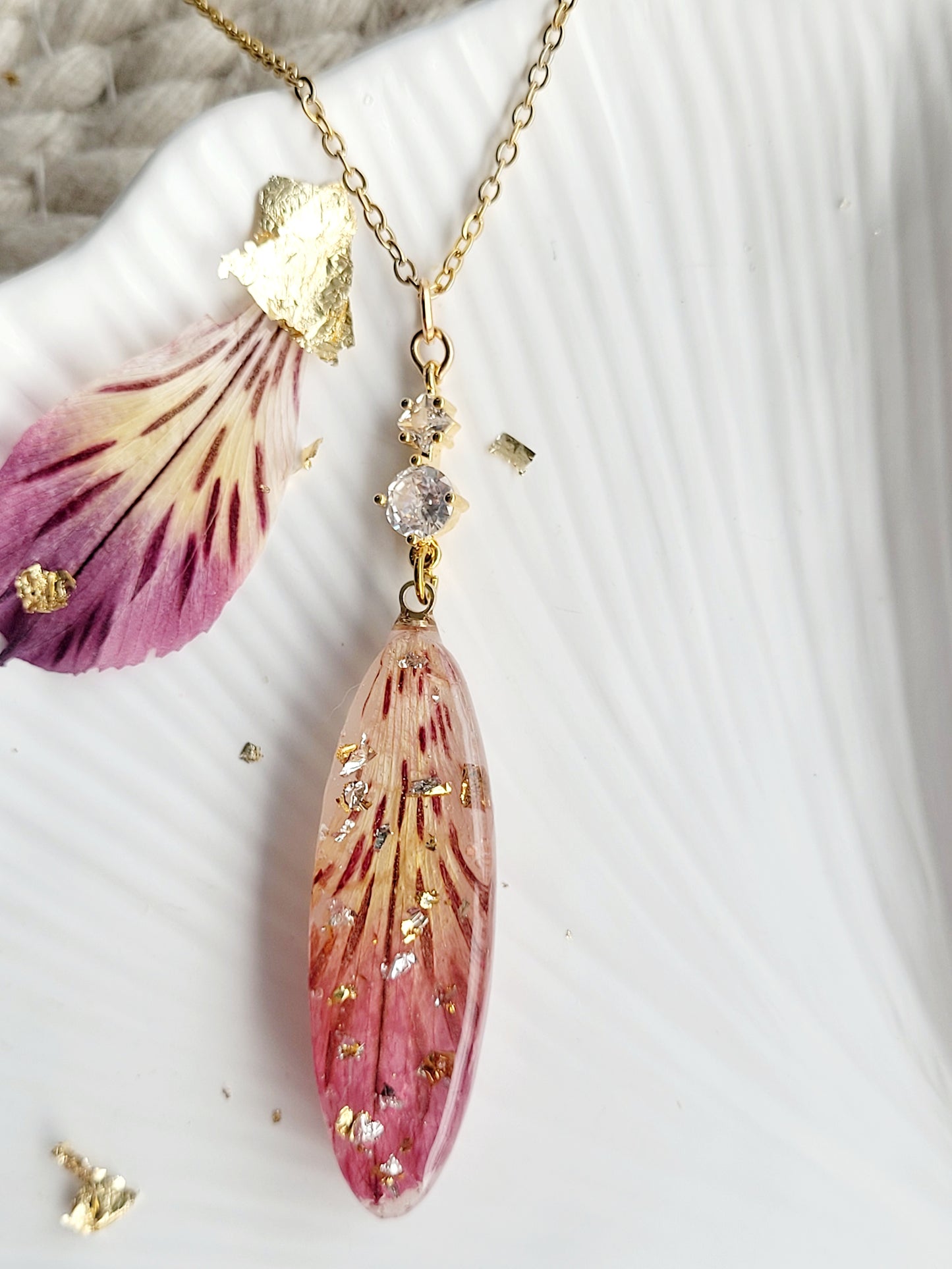 Handcrafted alstroemeria necklace with real alstroemeria petal. One-of-a-kind necklace and special gift