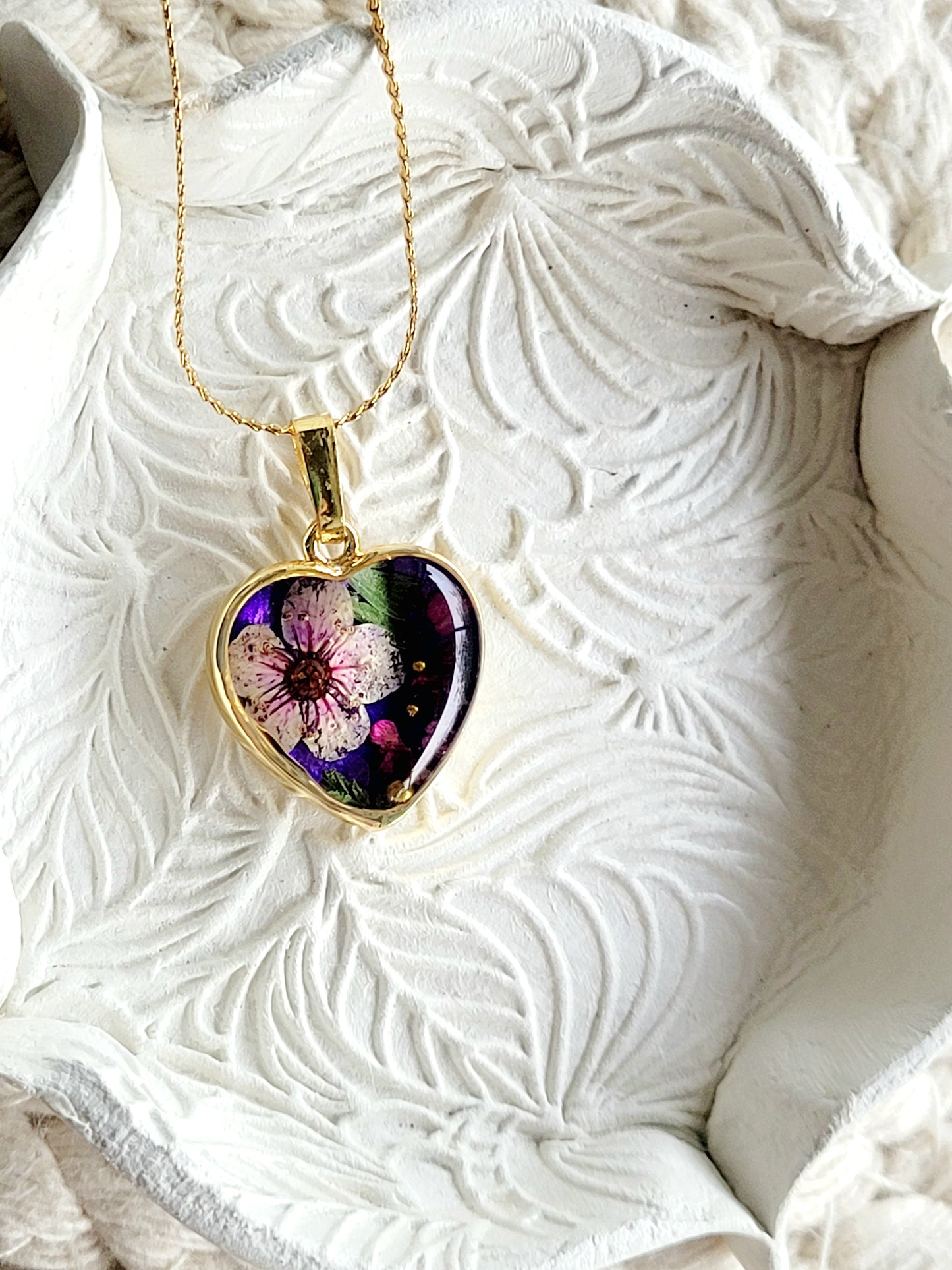 Purple wildflower heart necklace with genuine flowers