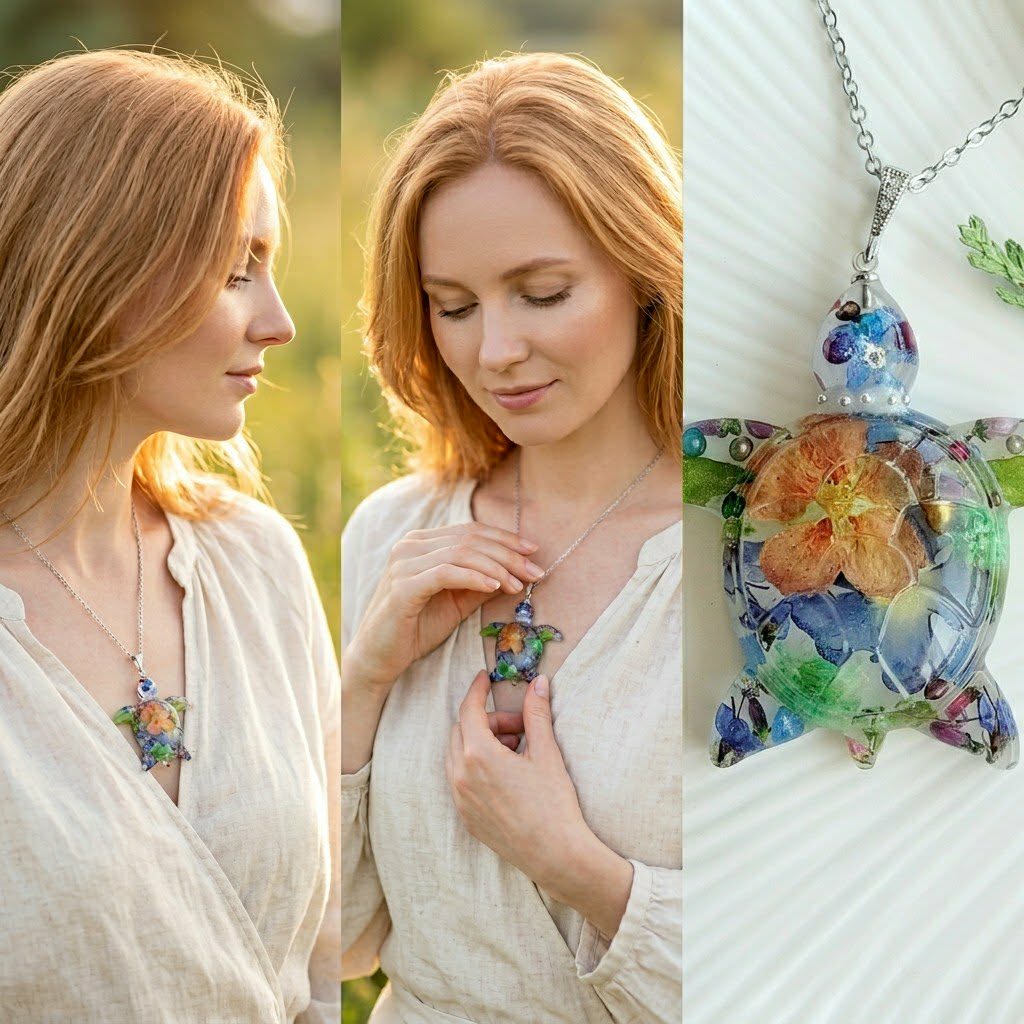 Handcrafted floral turtle necklace with real flowers