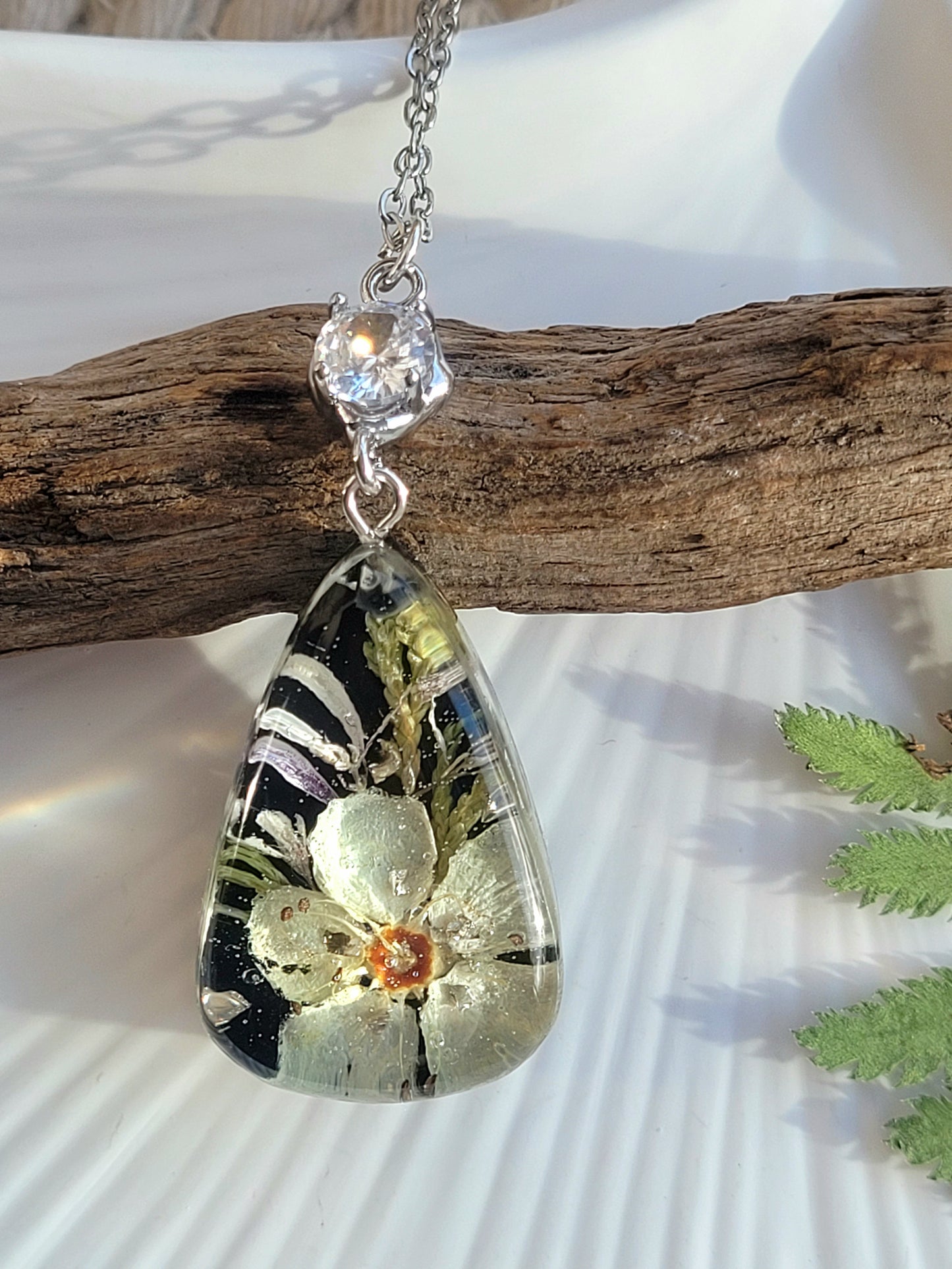 Floral botanical handcrafted tear drop necklace with genuine crabapple flower