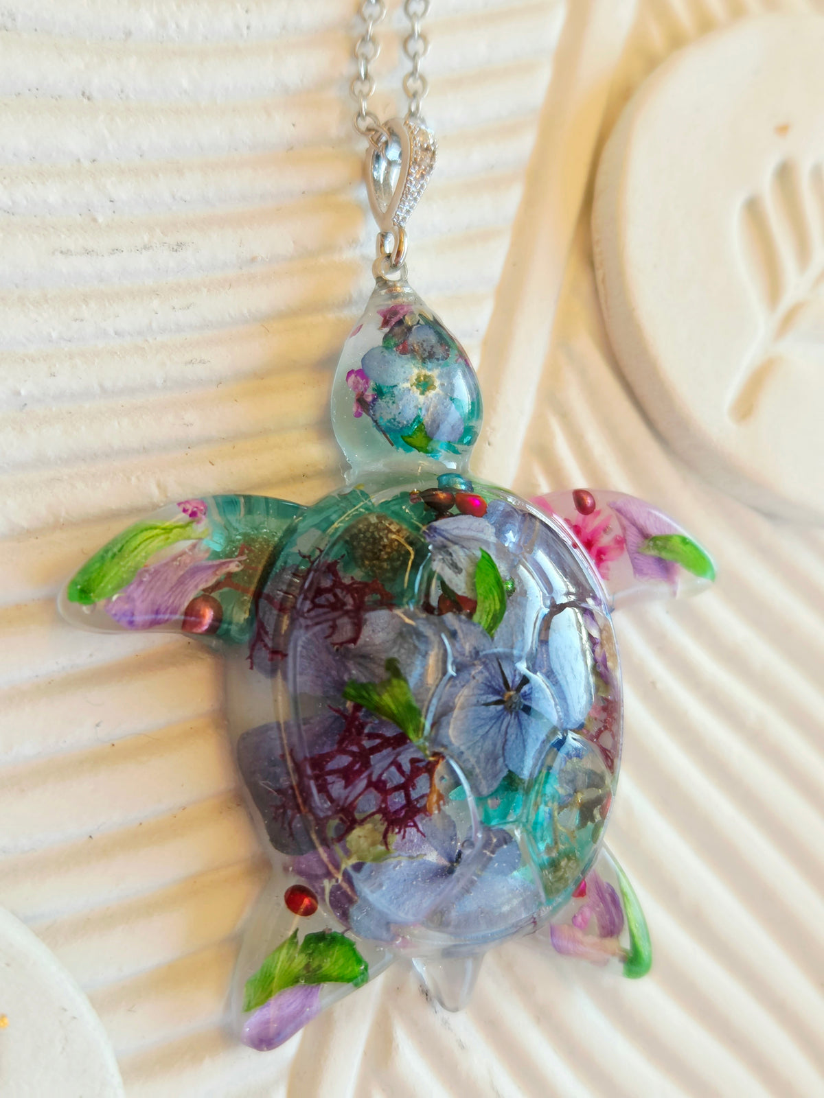 Handcrafted floral turtle necklace with real flowers