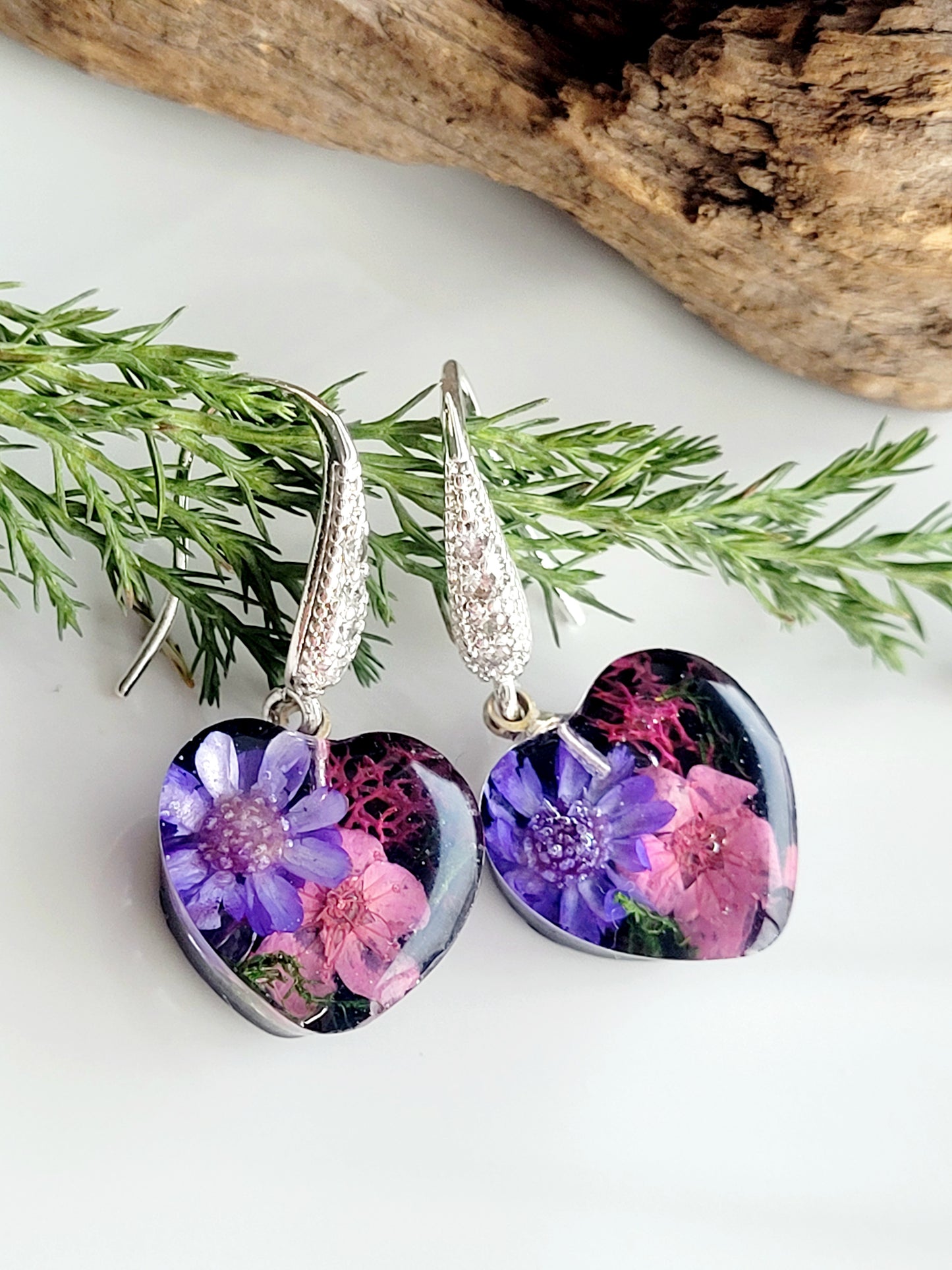 Botanical, handcrafted heart earrings with real flowers. Unique Gift. Cottage core heart earrings. Canadian jewelry