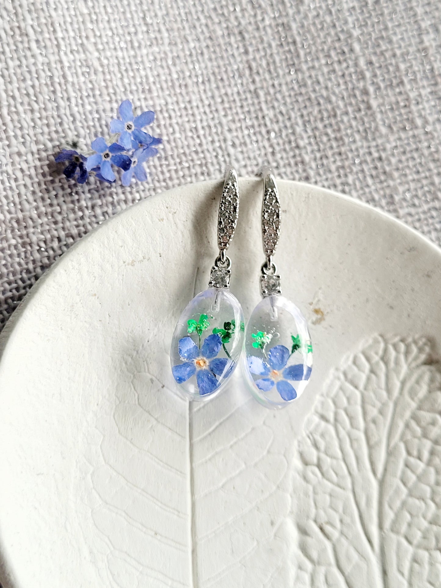 Floral handcrafted earrings with real fogert me not.  Unique Gift. Unique Canadian jewelry
