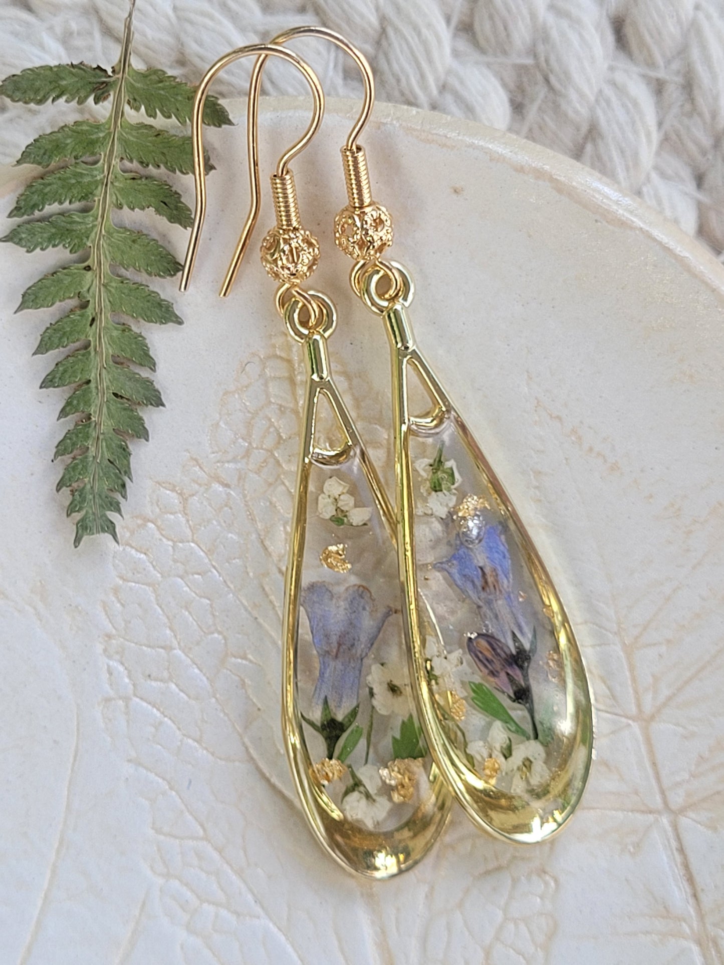 Botanical, handcrafted earrings with real blue bell flowers. Giftf or her. Unique Gift. Tear-drop earrings