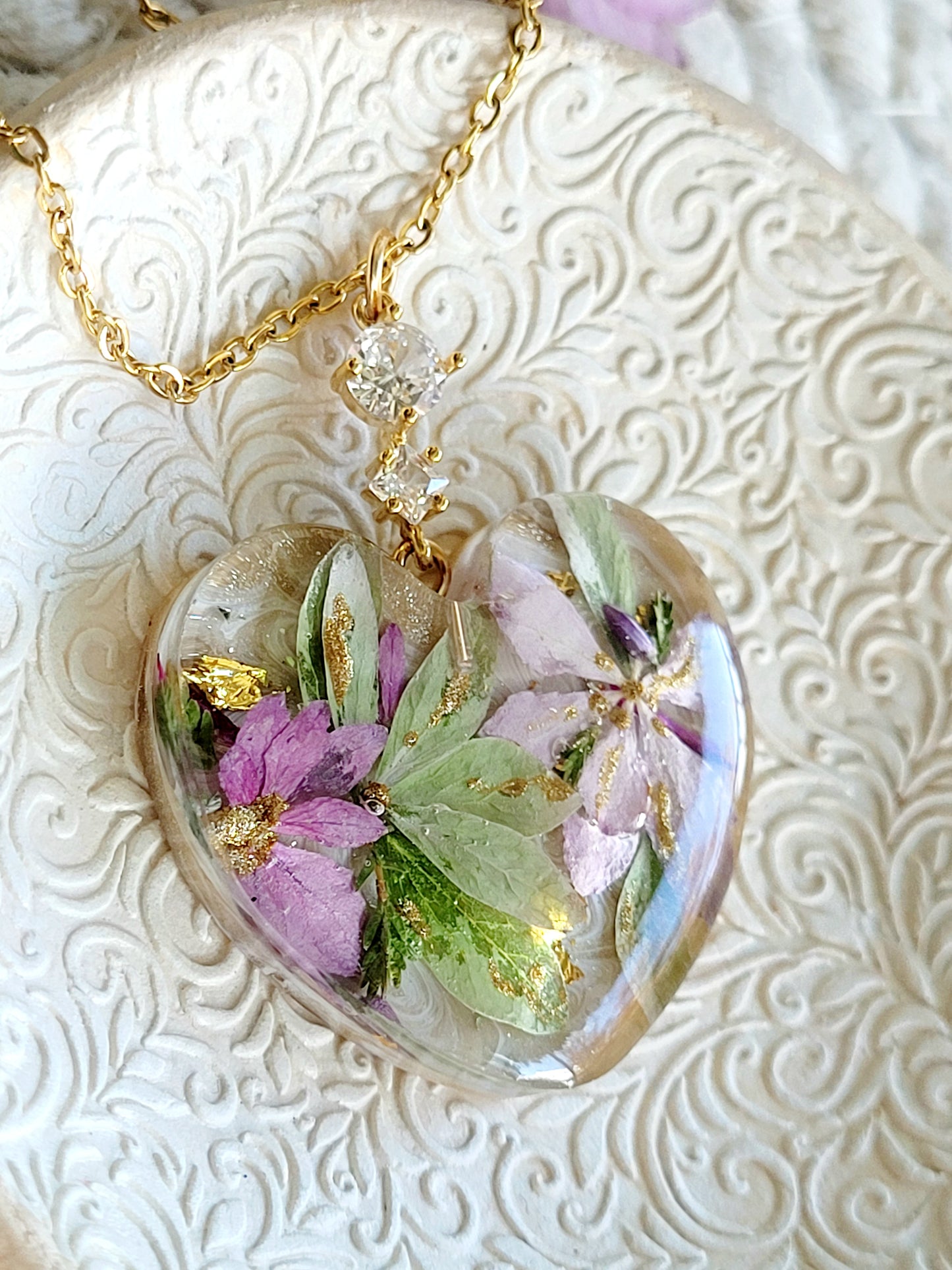Floral botanical handcrafted heart necklace with genuine green and pink hydrangea