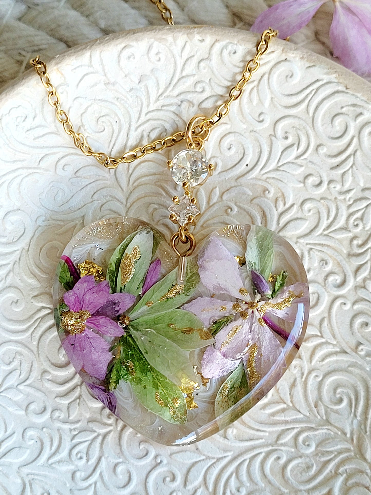 Floral botanical handcrafted heart necklace with genuine green and pink hydrangea
