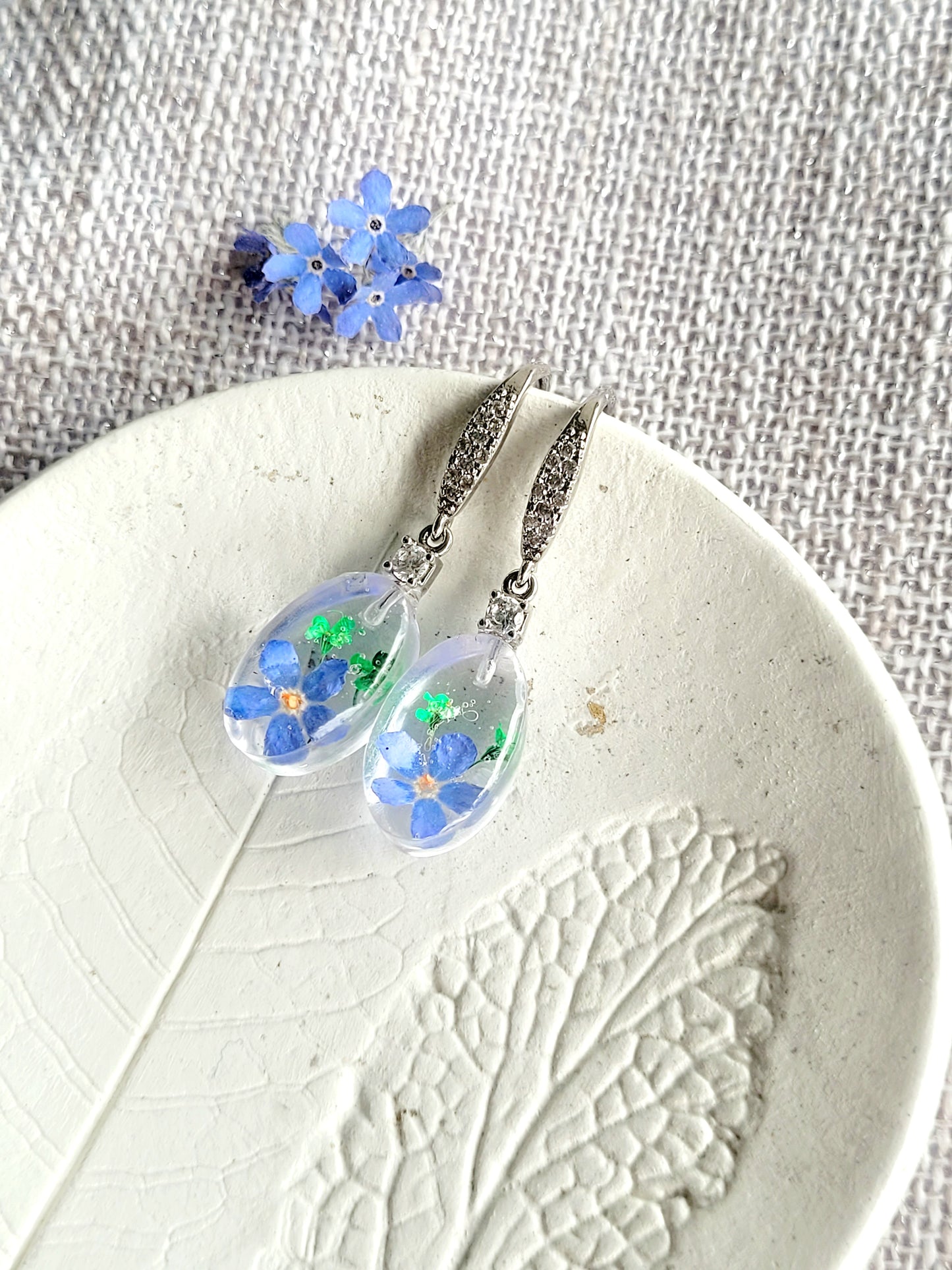 Floral handcrafted earrings with real fogert me not.  Unique Gift. Unique Canadian jewelry