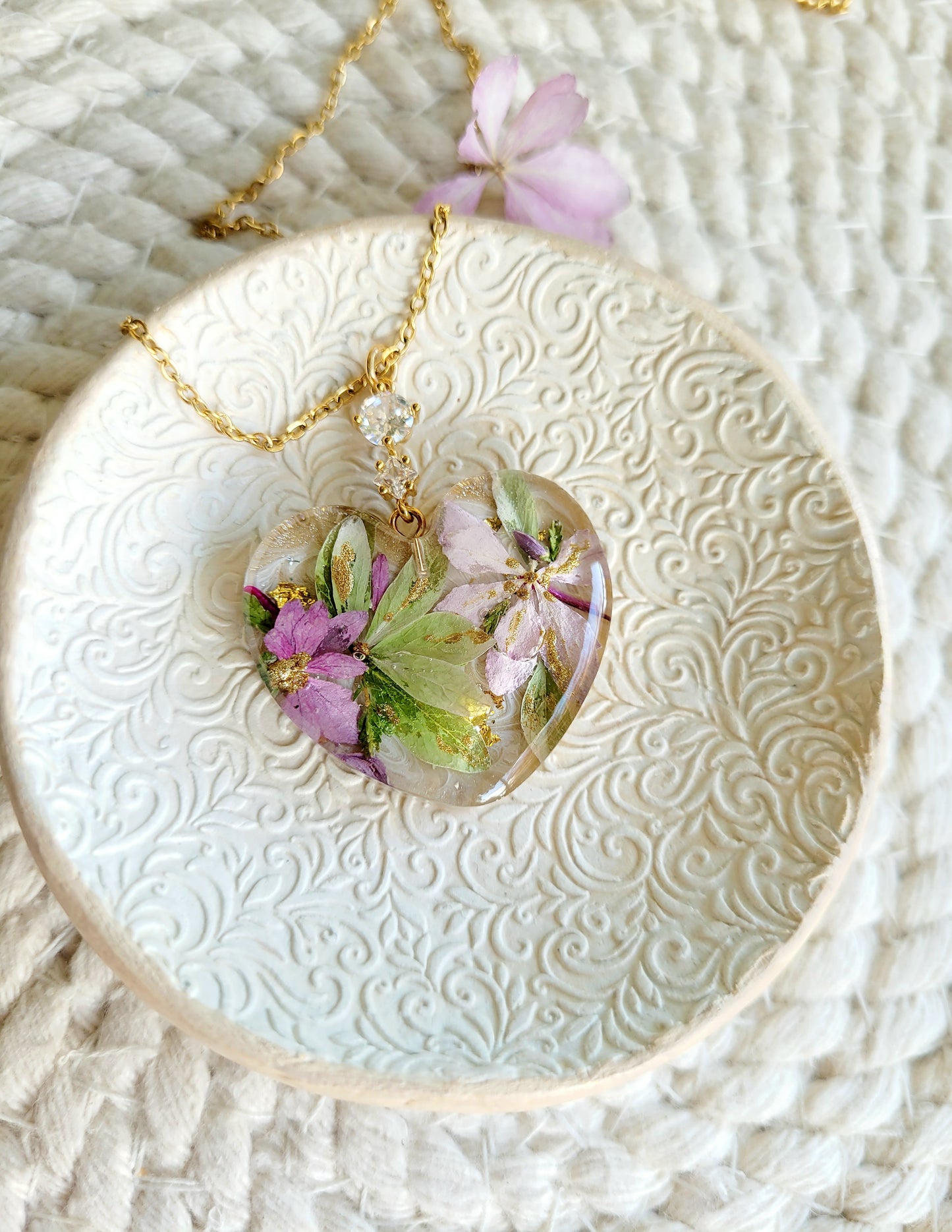 Floral botanical handcrafted heart necklace with genuine green and pink hydrangea