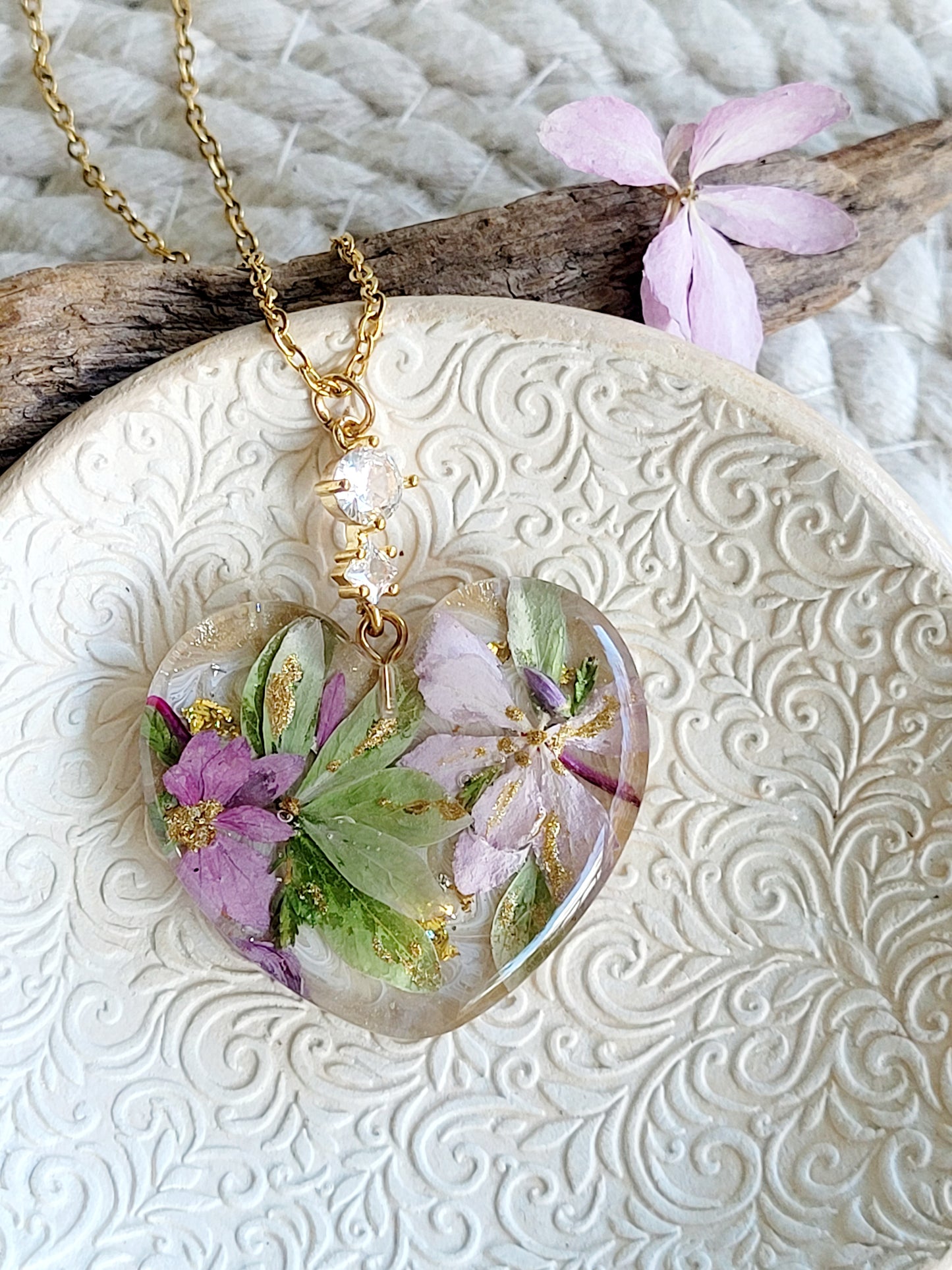 Floral botanical handcrafted heart necklace with genuine green and pink hydrangea