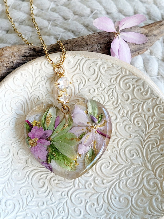 Floral botanical handcrafted heart necklace with genuine green and pink hydrangea