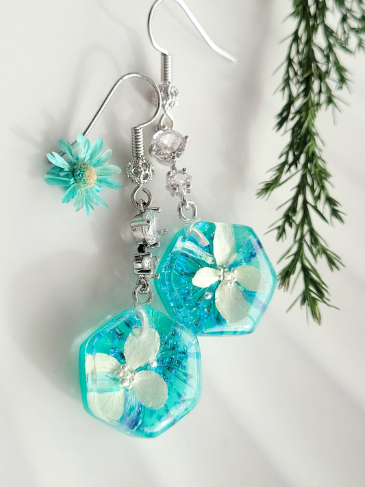 Botanical, handcrafted earrings with real genista. Unique Gift. Cottage core teal earrings. Unique Canadian jewelry