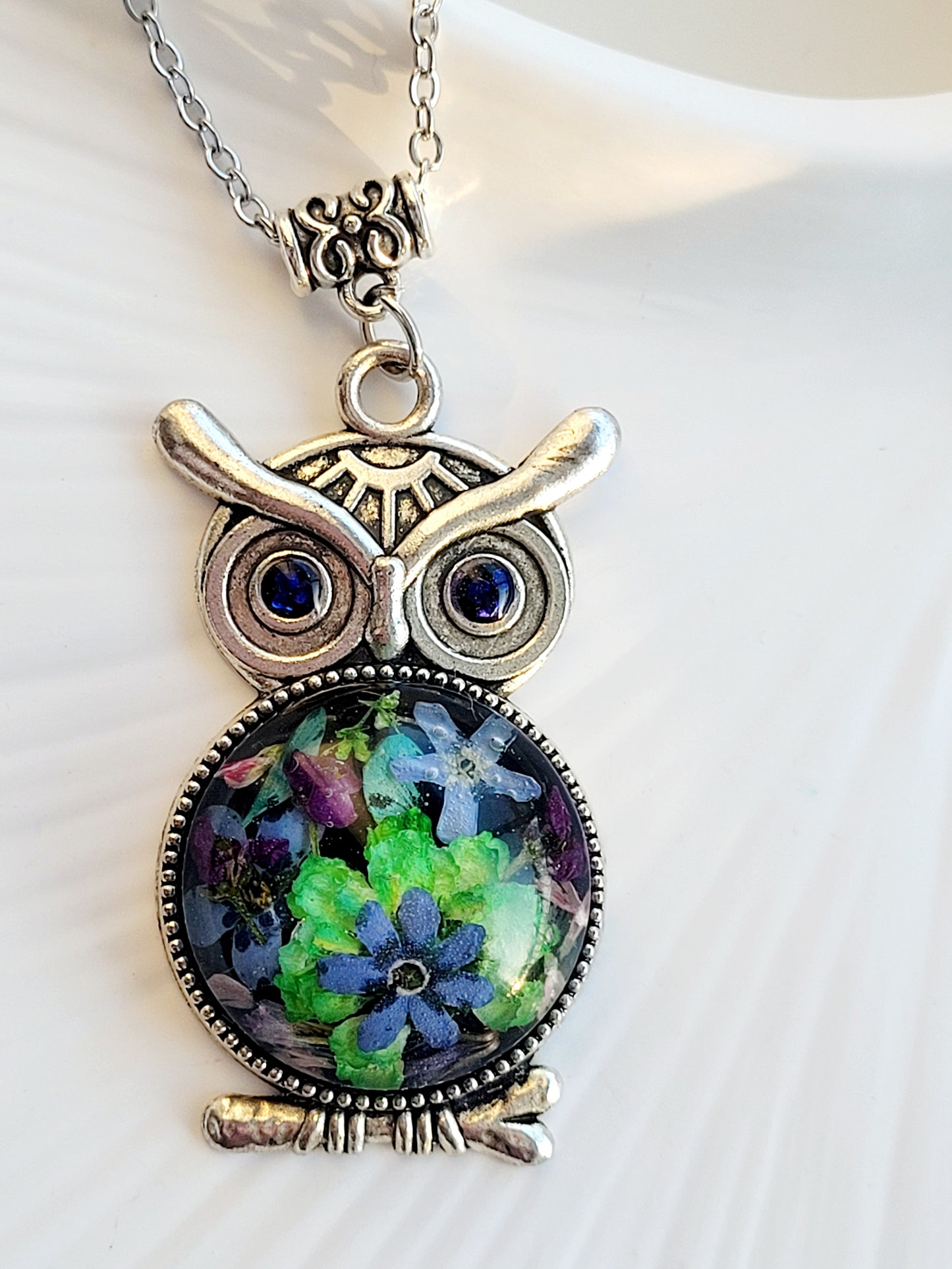 Handmade owl necklace with real foget me not and wildflowers Unique real flower jewelry.